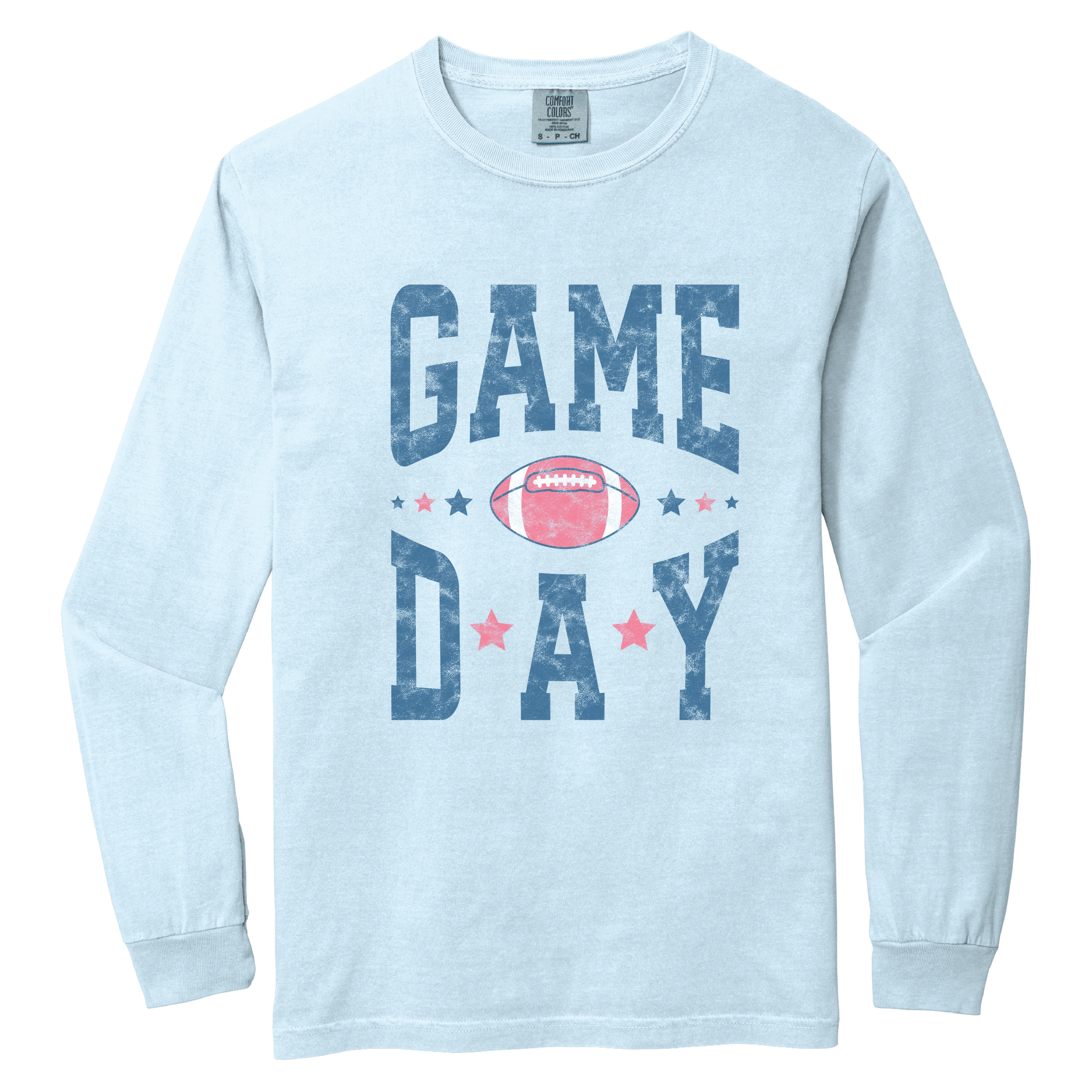 Simply Sage Market - Women's Garment Dyed Long Sleeve Graphic T-Shirt Game Day Blue Distressed