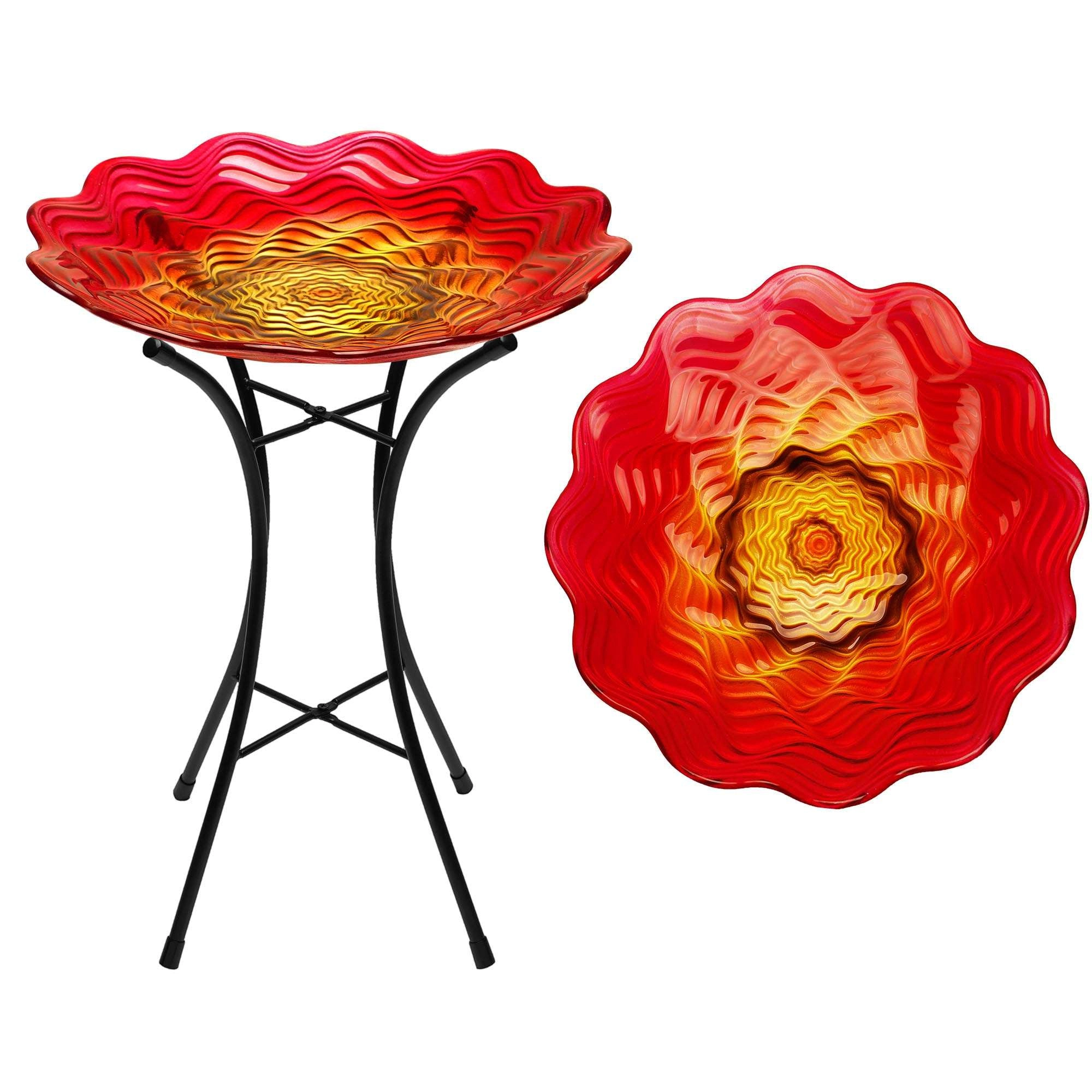 G128 19in Red Painted Glass Bird Bath with Stainless Metal Stand, Outdoor Garden Feeder Bowl