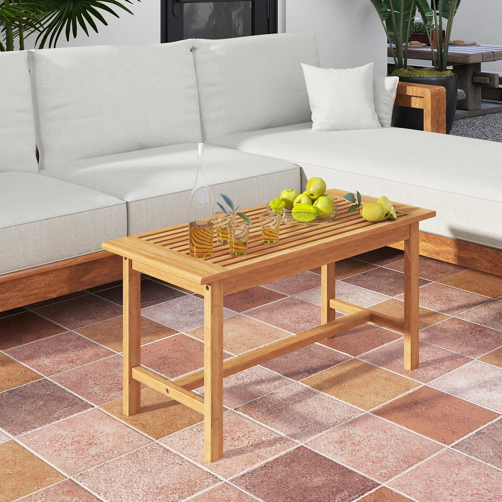 SUGIFT 36-In Teak Wood Outdoor Patio Coffee Table, Slatted Top, 145-Lb Capacity