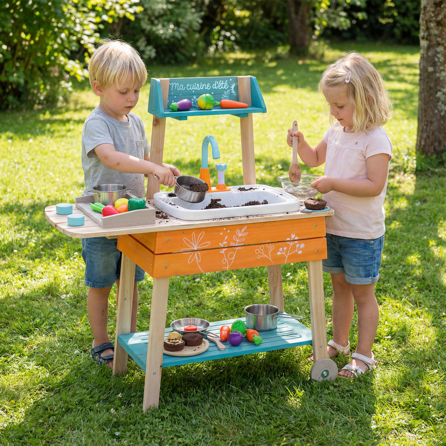 LJG Outdoor Kids Play Kitchen Set Wooden Toy Kitchen Playset with Removable Sink