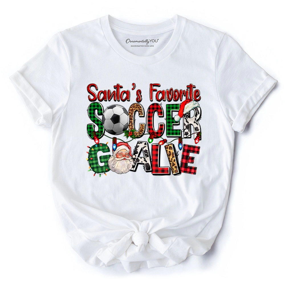 OrnamentallyYou Mens Santa's Favorite Soccer Goalie Plaid Christmas T-Shirt