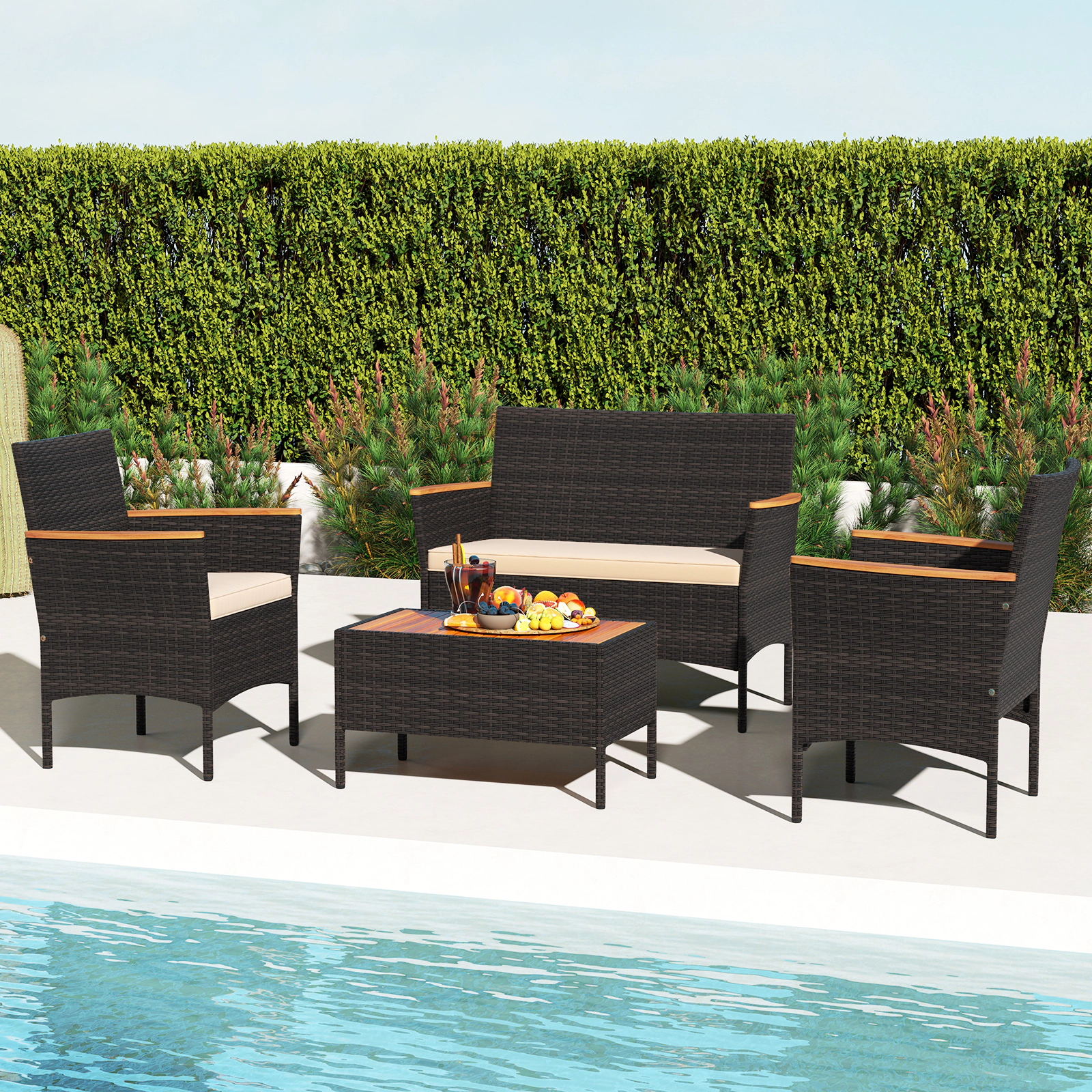 LJG 4 Piece Patio Wicker Sofa Set 2 Rattan Chairs and Loveseat with Table
