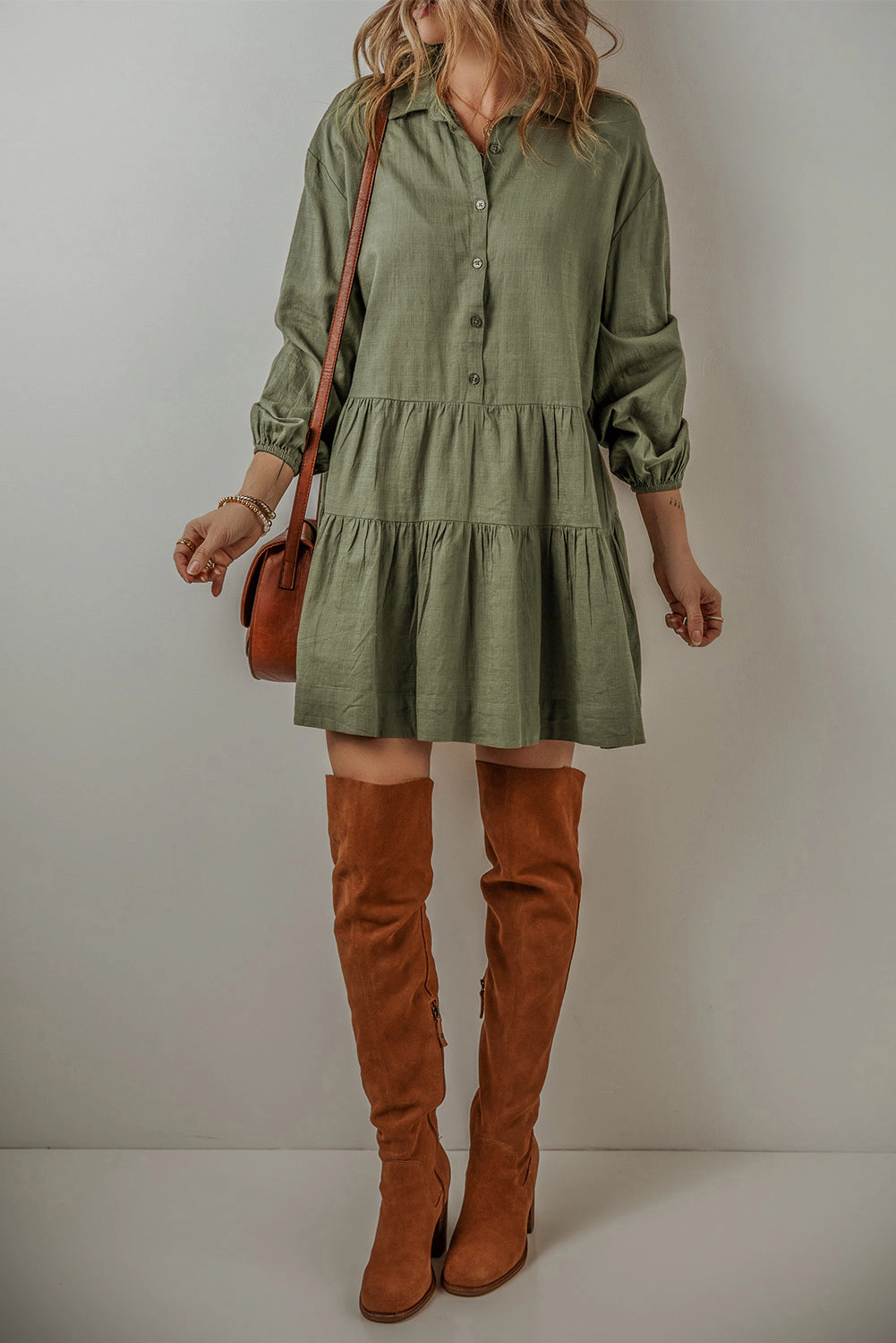 Threaded Pear Women's Ariana Puff Sleeve Buttoned Tiered Dress