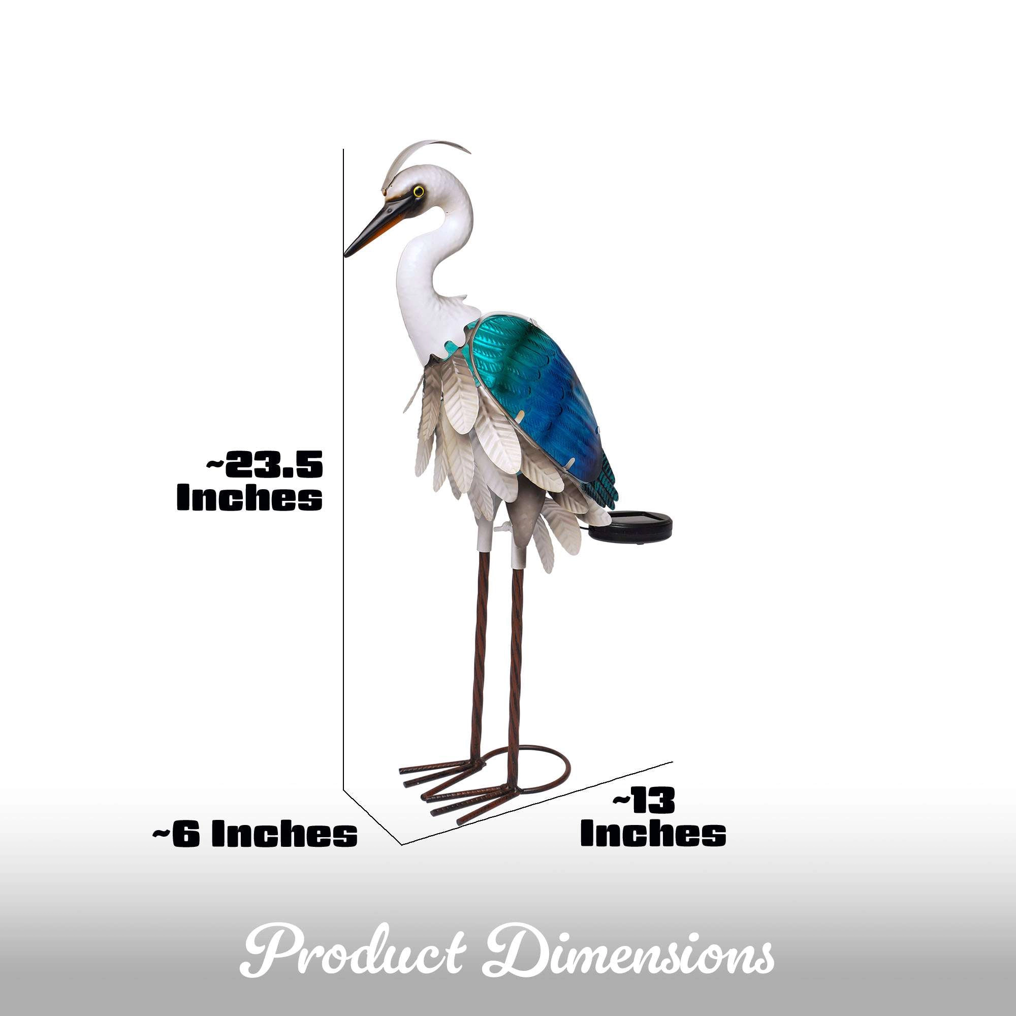G128 Solar Metal Heron Garden Statue 24in - Blue Coastal Bird Outdoor Decor with Warm LED Lighting