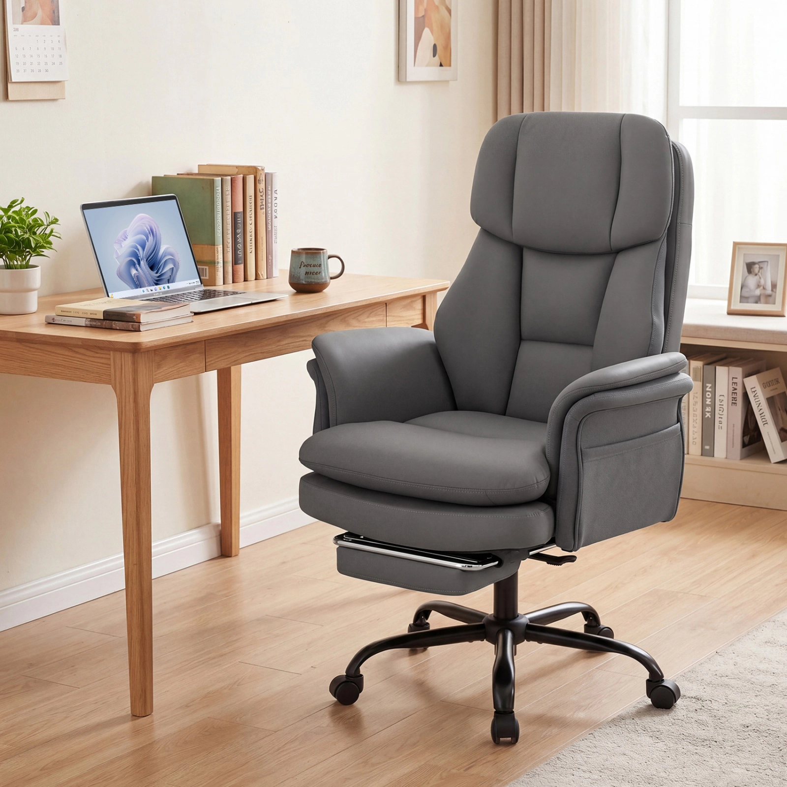 SUGIFT Ergonomic Cross Legged Executive Office Chair 500-lb Capacity with Retractable Footrest Gray