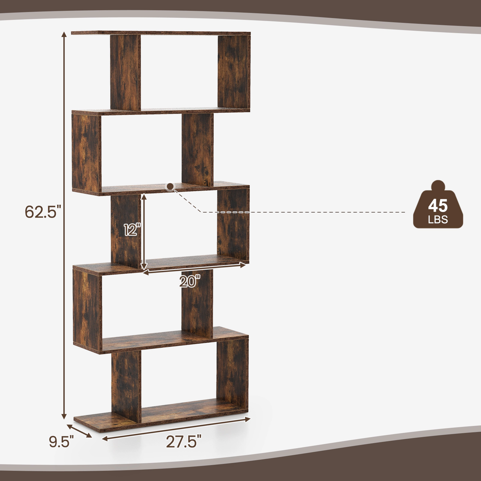 SUGIFT 5-Tier S-Shaped Engineered Wood Bookshelf 27.5-in Wide 62.5-in Tall 45-lb Shelf Capacity Rustic Brown