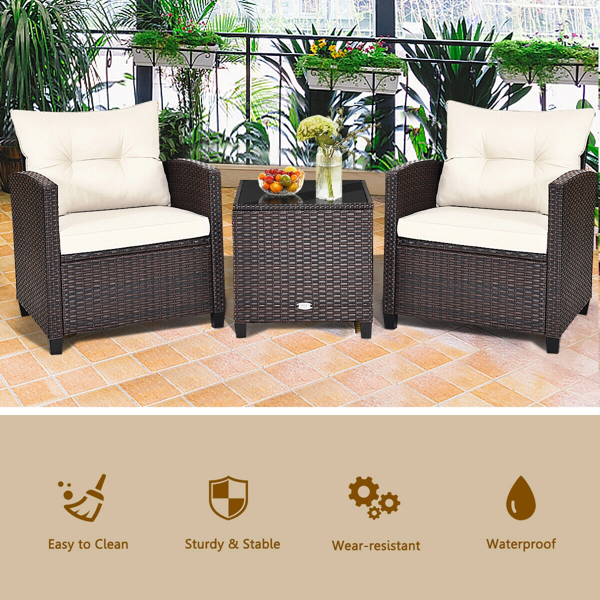 SUGIFT 3-Piece Patio Rattan Cushioned Conversation Set with Coffee Table 360-lb Chair Capacity 26.5-in Chairs White