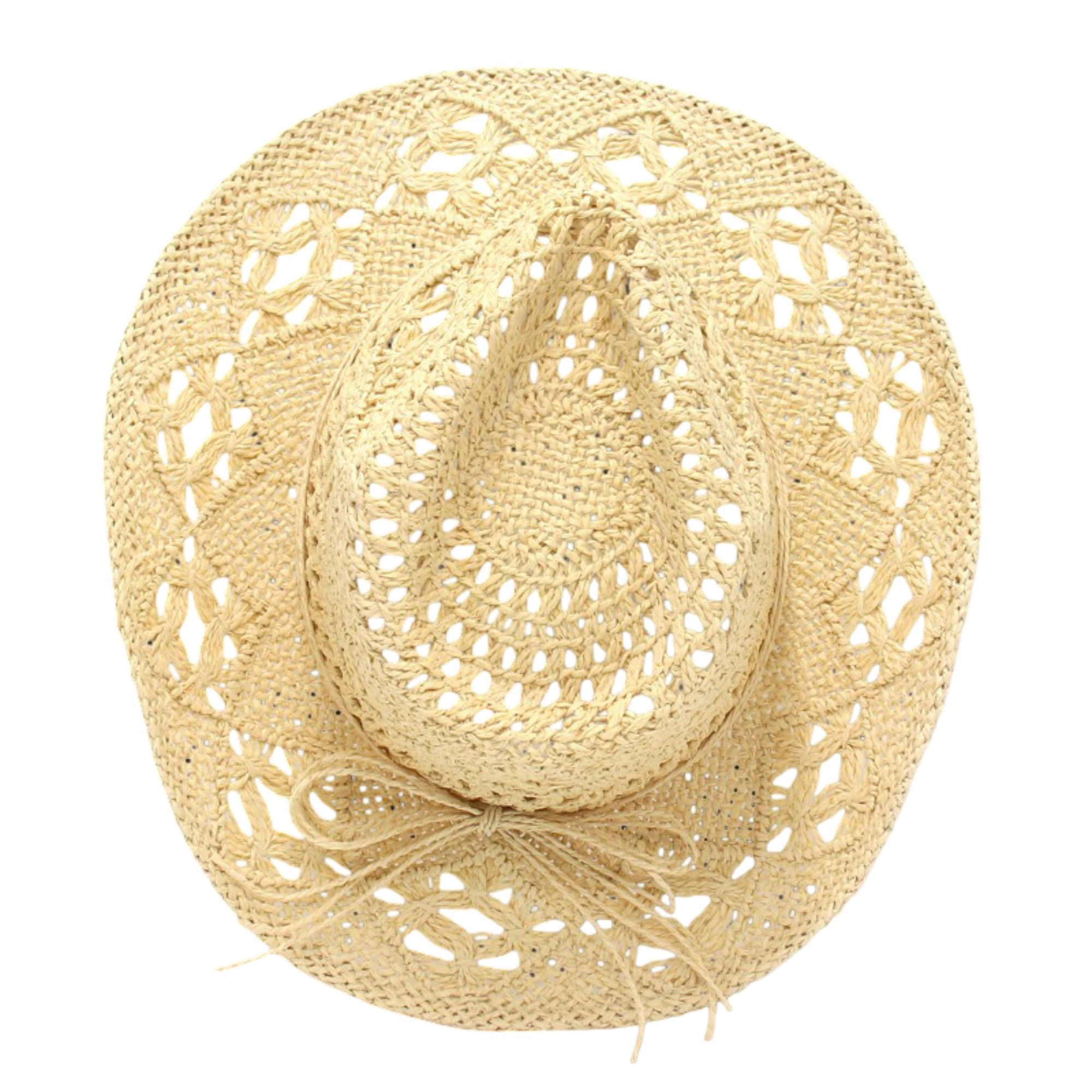 Anna-Kaci Women's Open Weave Western Sun Hat with Wide Brim and Boho Floral Pattern