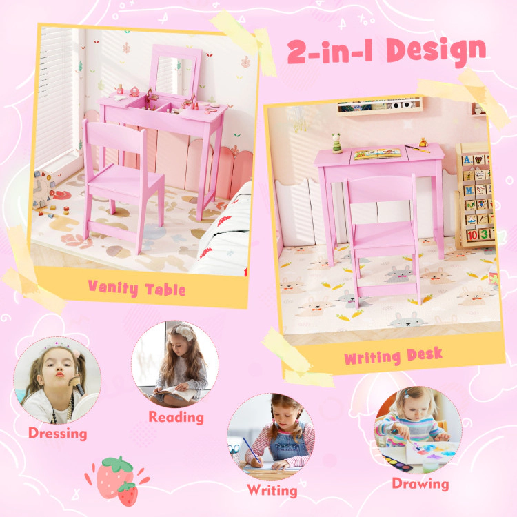 Hivvago 2-In-1 Kids Vanity Makeup Table And Chair Set With Flip Top Mirror