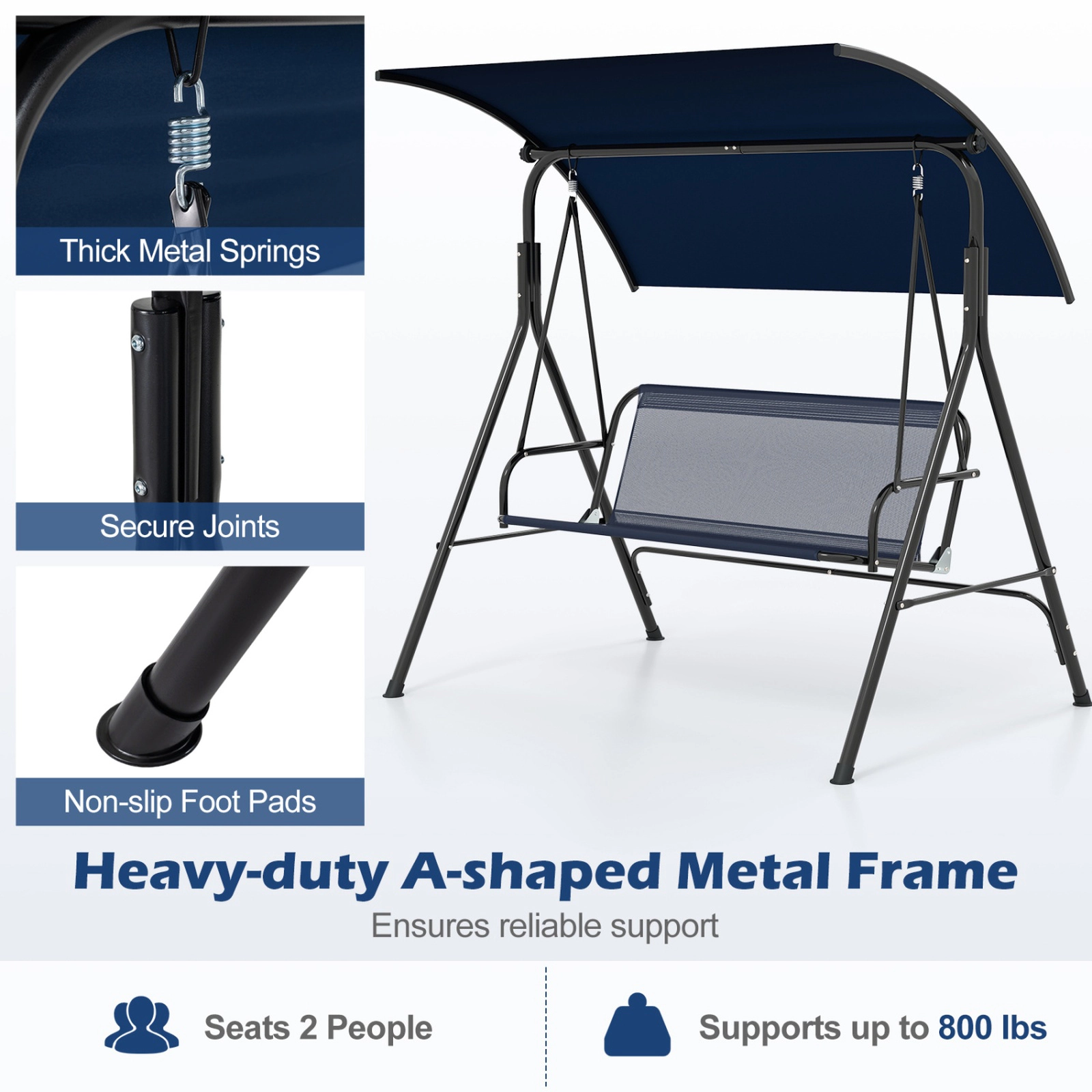 SUGIFT Patio Swing Chair with Adjustable Canopy and Removable Cushion Metal Frame 800-lb Capacity 2-Person Navy