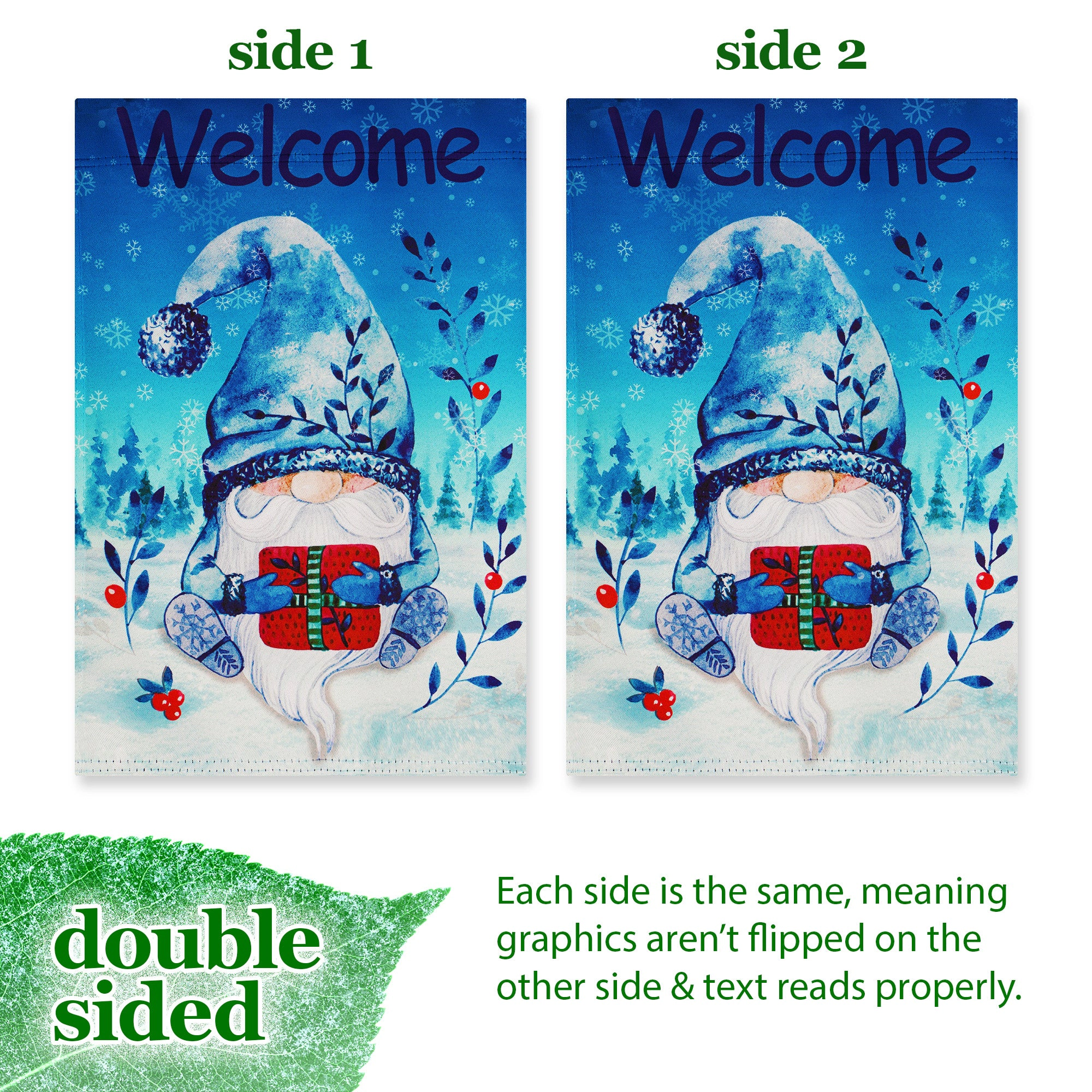 G128 12x18in Blockout Polyester Garden Flag - Festive Bearded Gnome with Parcel
