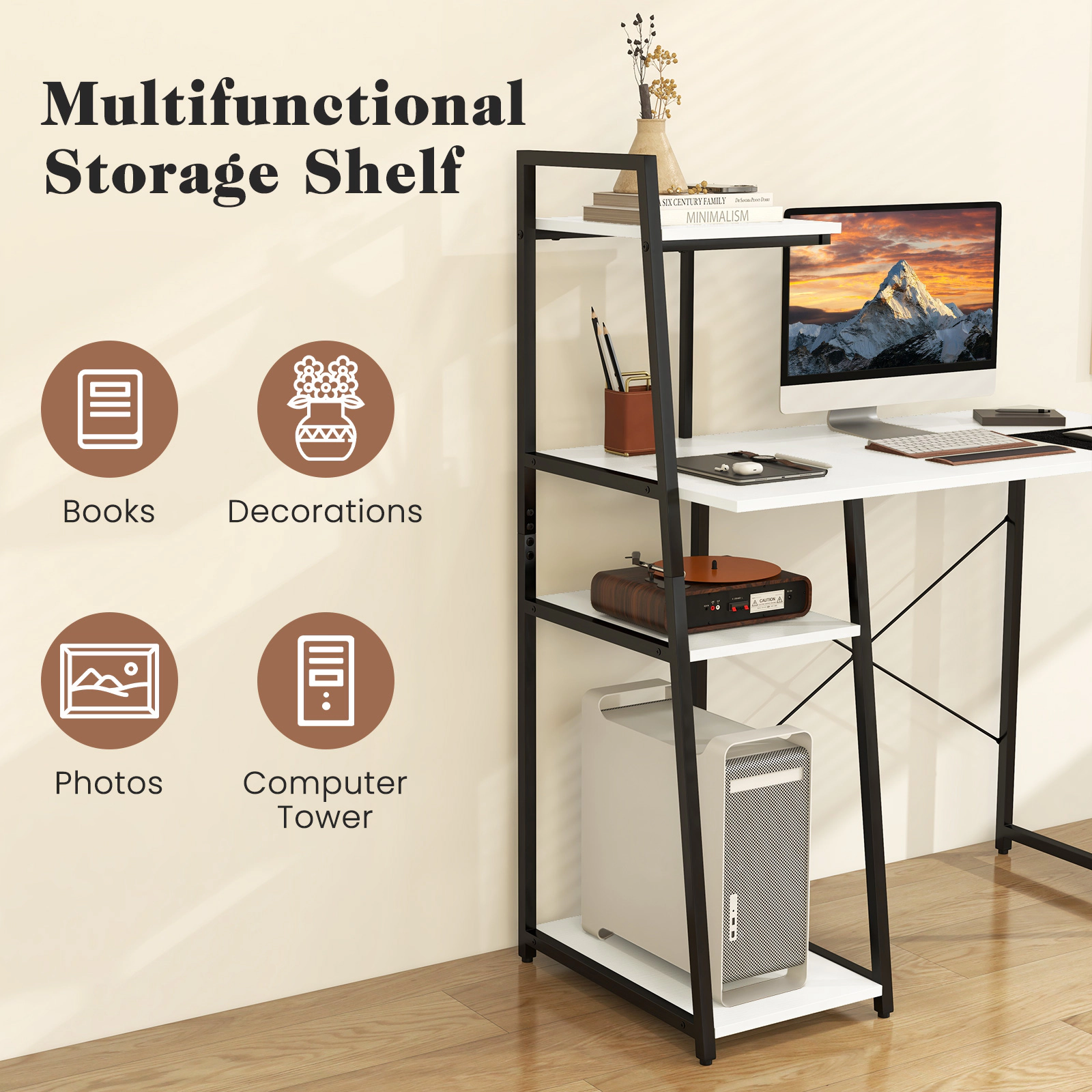 SUGIFT Compact Computer Desk Workstation with 4-Tier Shelves 155-lb Desktop Capacity White & Black