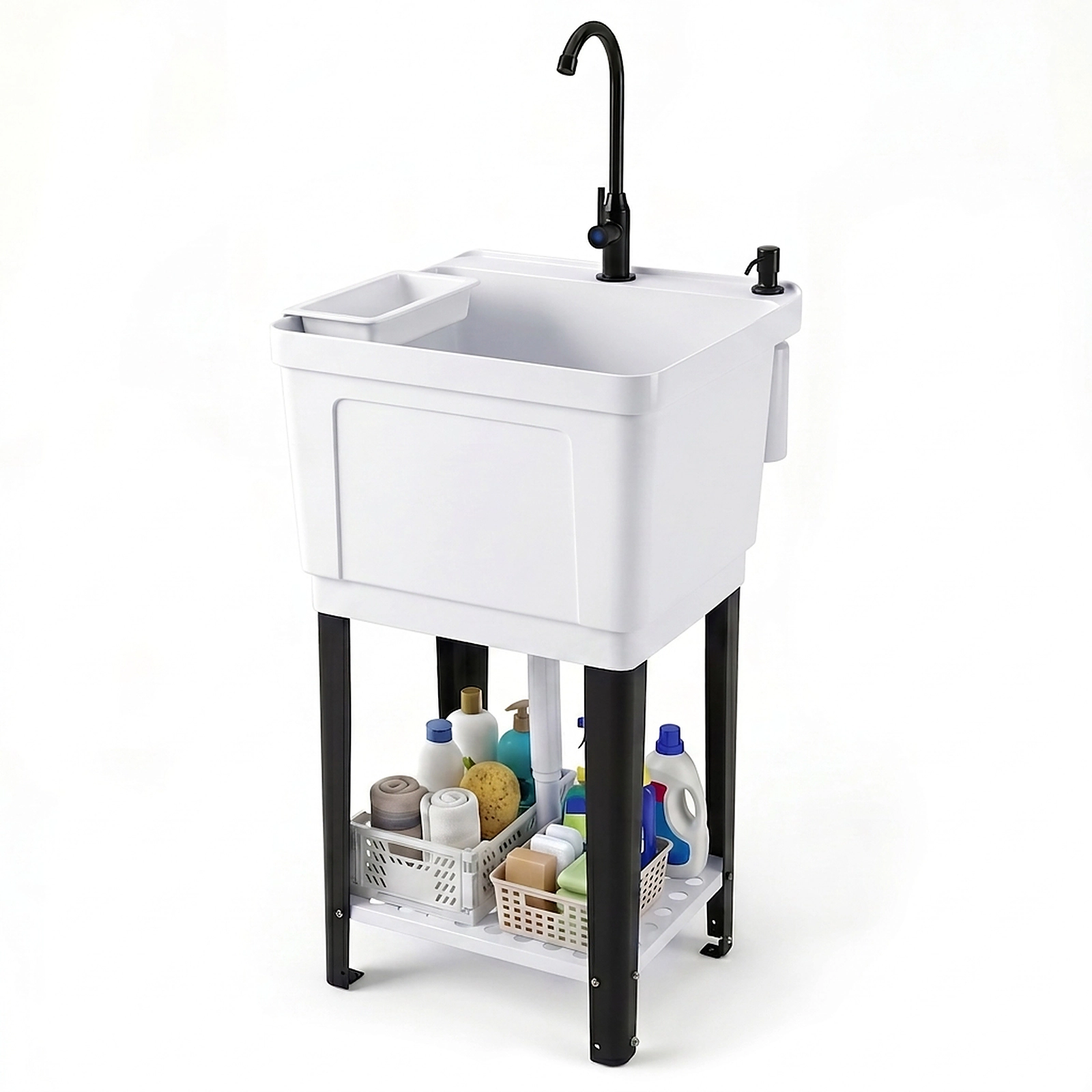 SUGIFT 14.5-Gal Rotating Faucet Adjustable Legs Storage Shelf Utility Sink Laundry Tub 24.5-in x 24-in x 48-in White