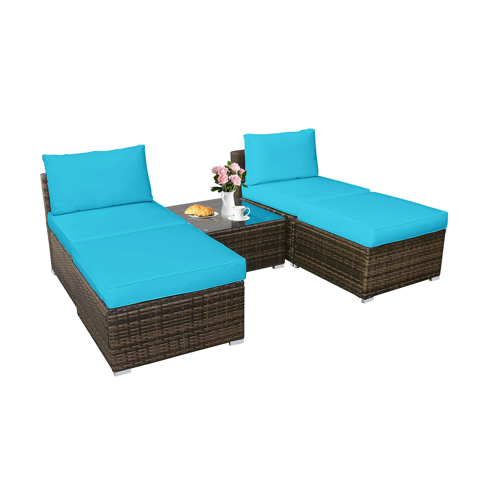 SUGIFT 5-Piece Turquoise PE Rattan Patio Set with 2 Armless Sofas, 2 Ottomans and Glass Table