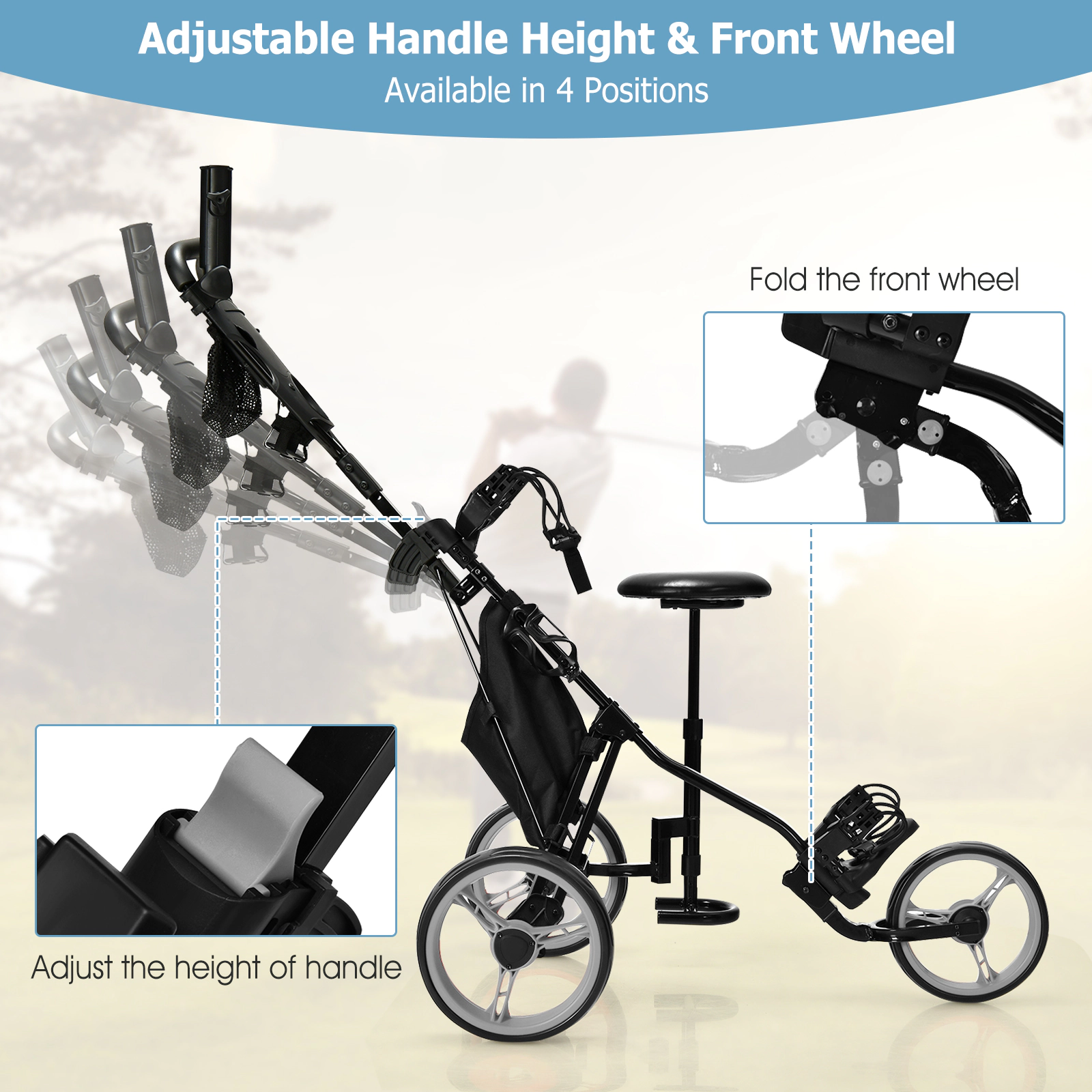 3-Wheel Folding Golf Push Cart with Seat Scoreboard Adjustable Handle Quick Brake Umbrella Holder 30-lb Gray