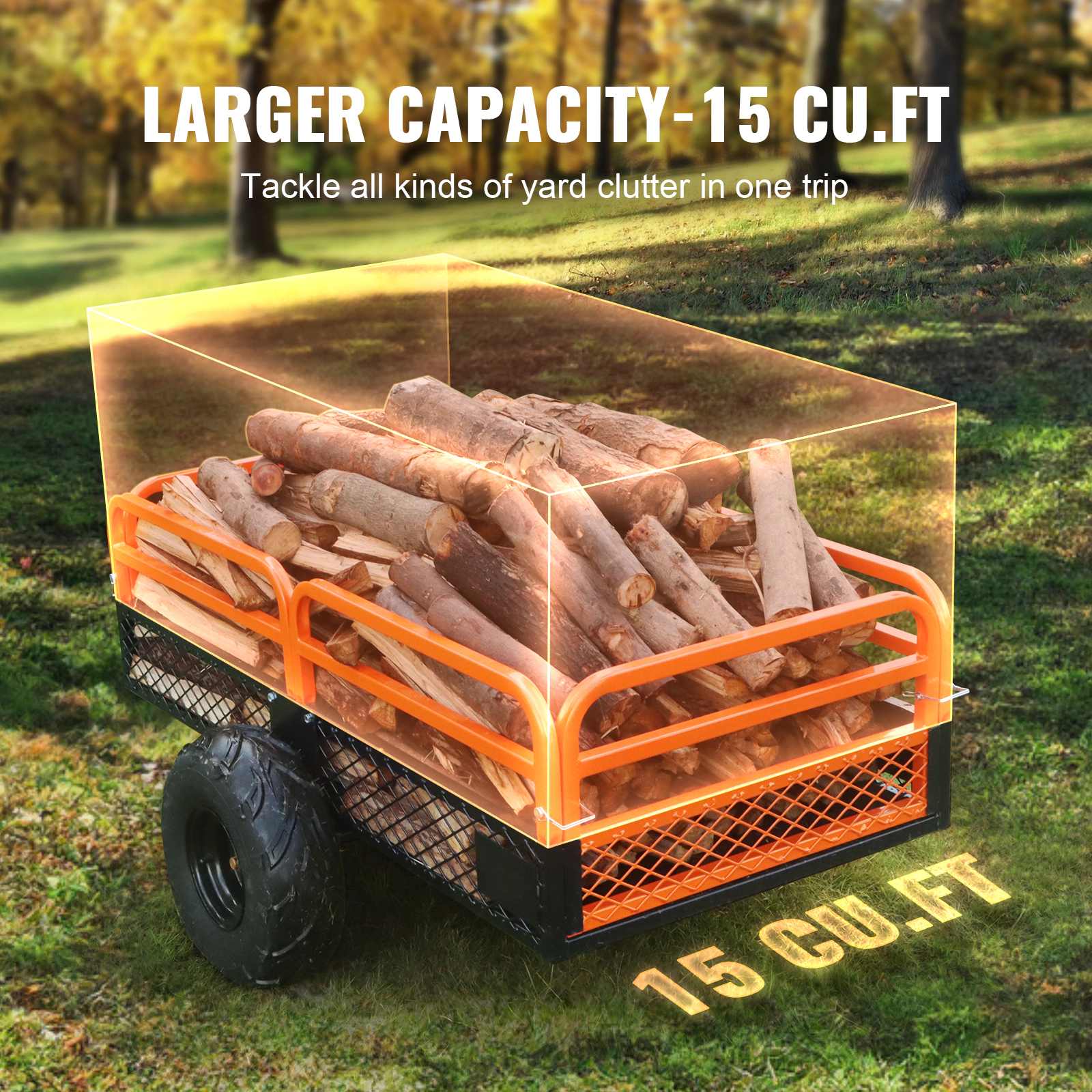 HONGGE Heavy-Duty Steel Tow-Behind ATV Dump Trailer, 1500 lb Capacity, 15 Cu. Ft. Bed for Tractors, Mowers, UTV