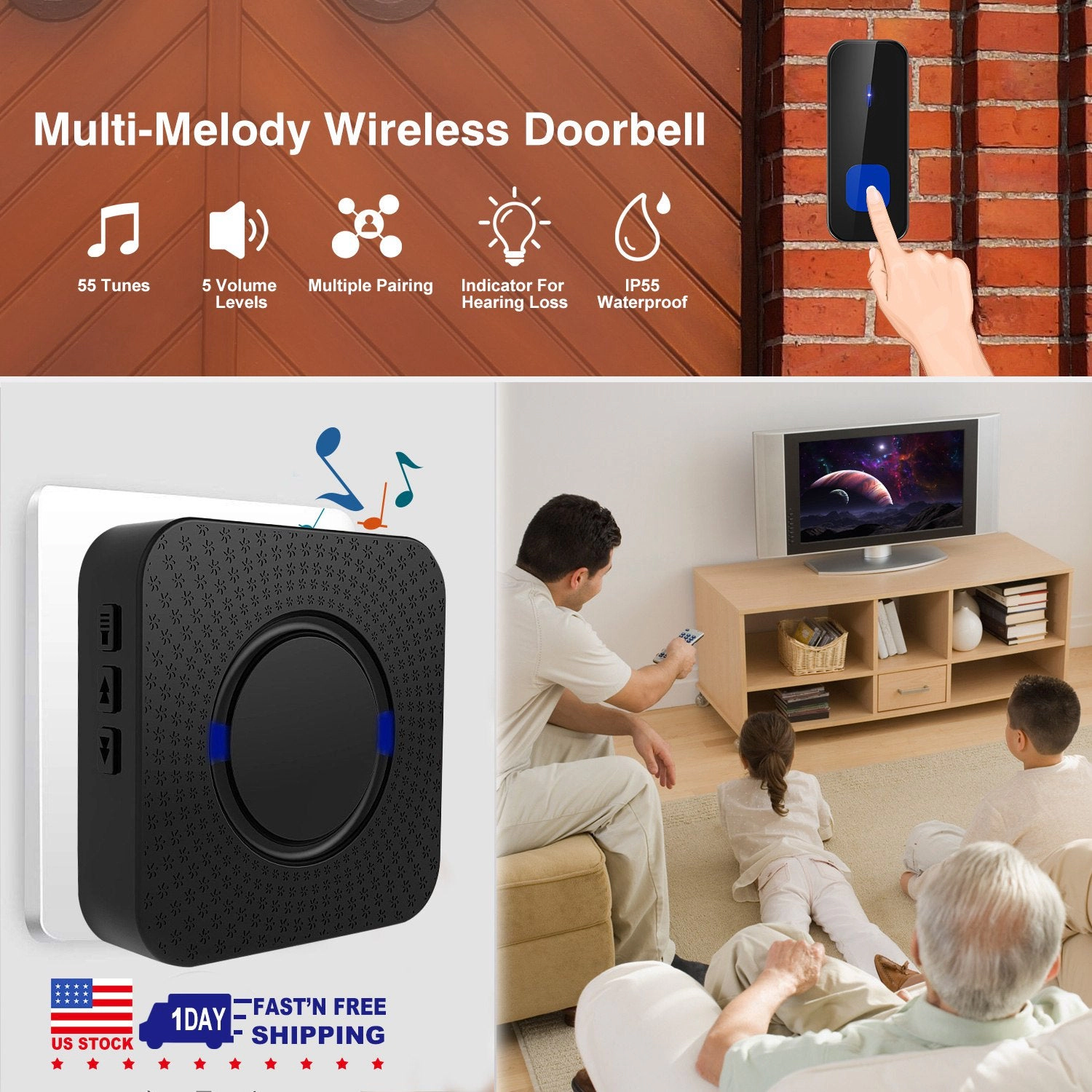 GBruno Wireless Doorbell 984ft Range 55 Chimes