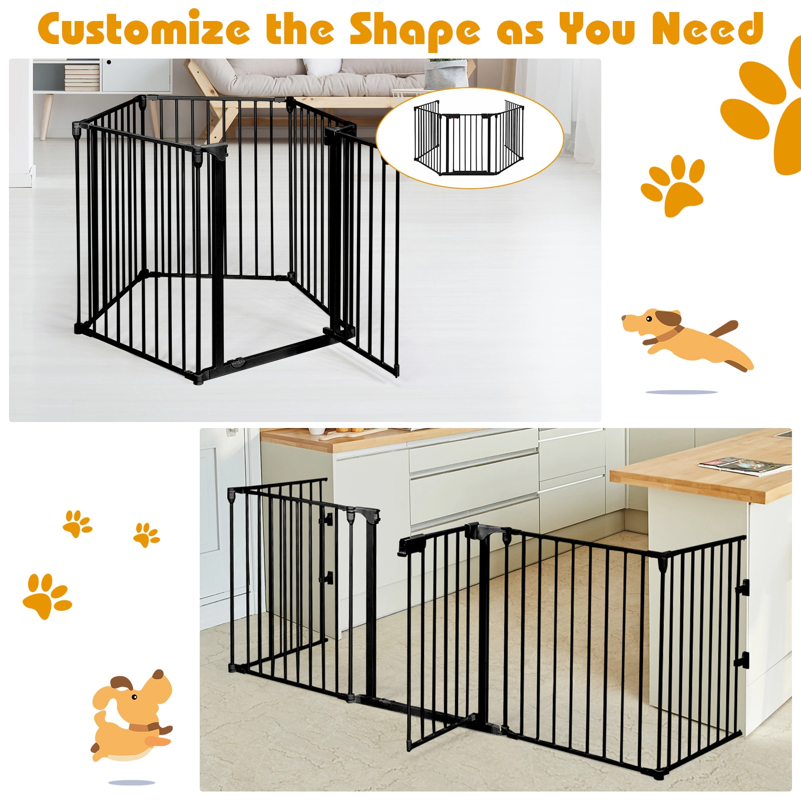 SUGIFT 115-in Length 5-Panel Adjustable Steel Fireplace Fence and Safety Gate 29-in Tall for Babies or Pets Black