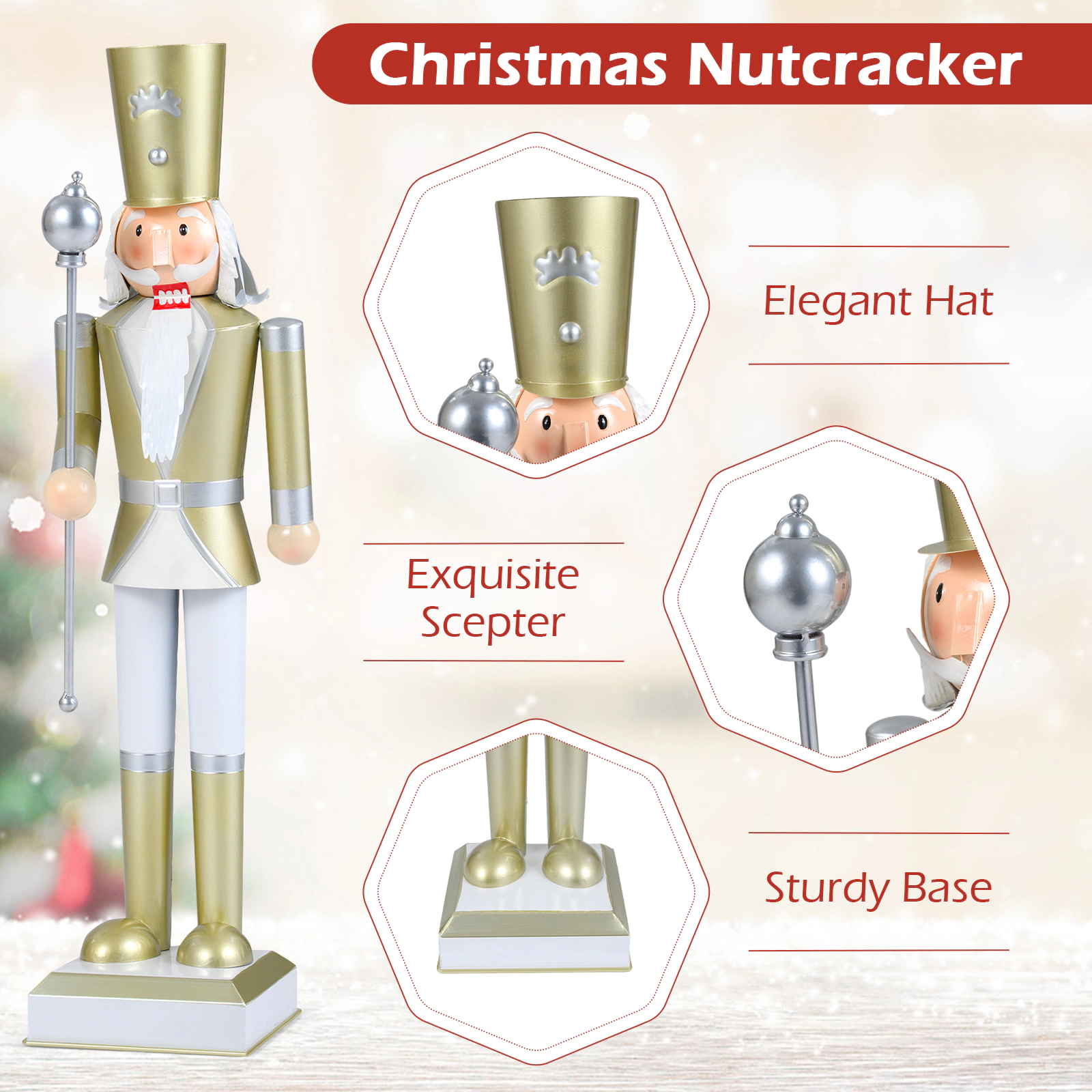 SUGIFT 32.5-in Christmas Nutcracker Figure with High Hat and Scepter White & Golden