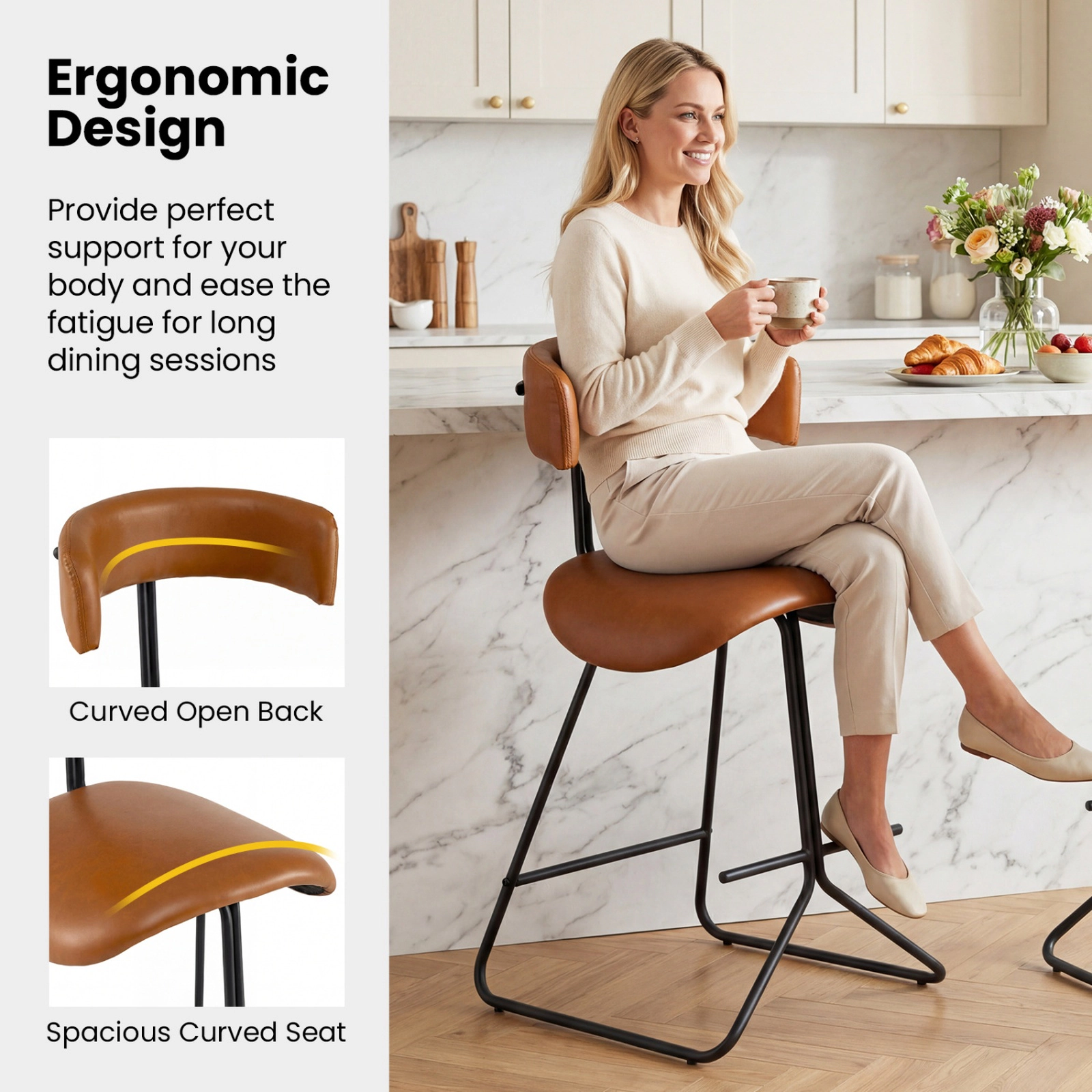 SUGIFT Set of 2 Modern Counter Height Stools Faux Leather Upholstered 330-lb Capacity Espresso and Black