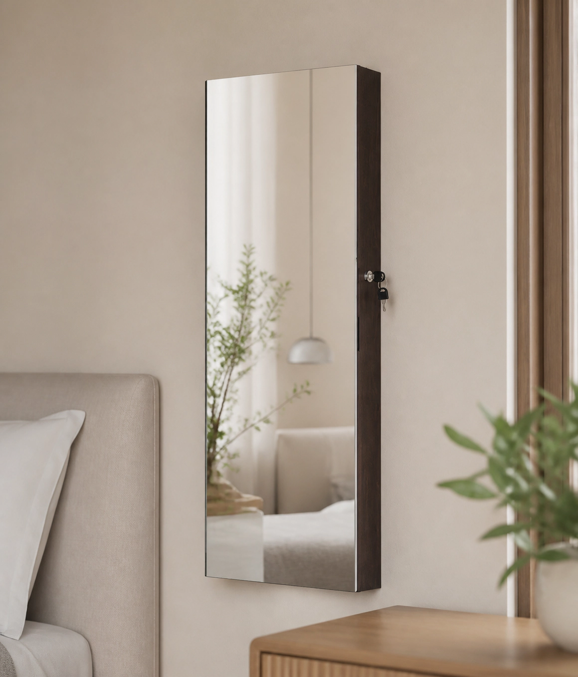 SUGIFT 43.5-in Dark Brown Jewelry Mirror Cabinet with Full-Length Mirror Door Hangers and Makeup Mirror