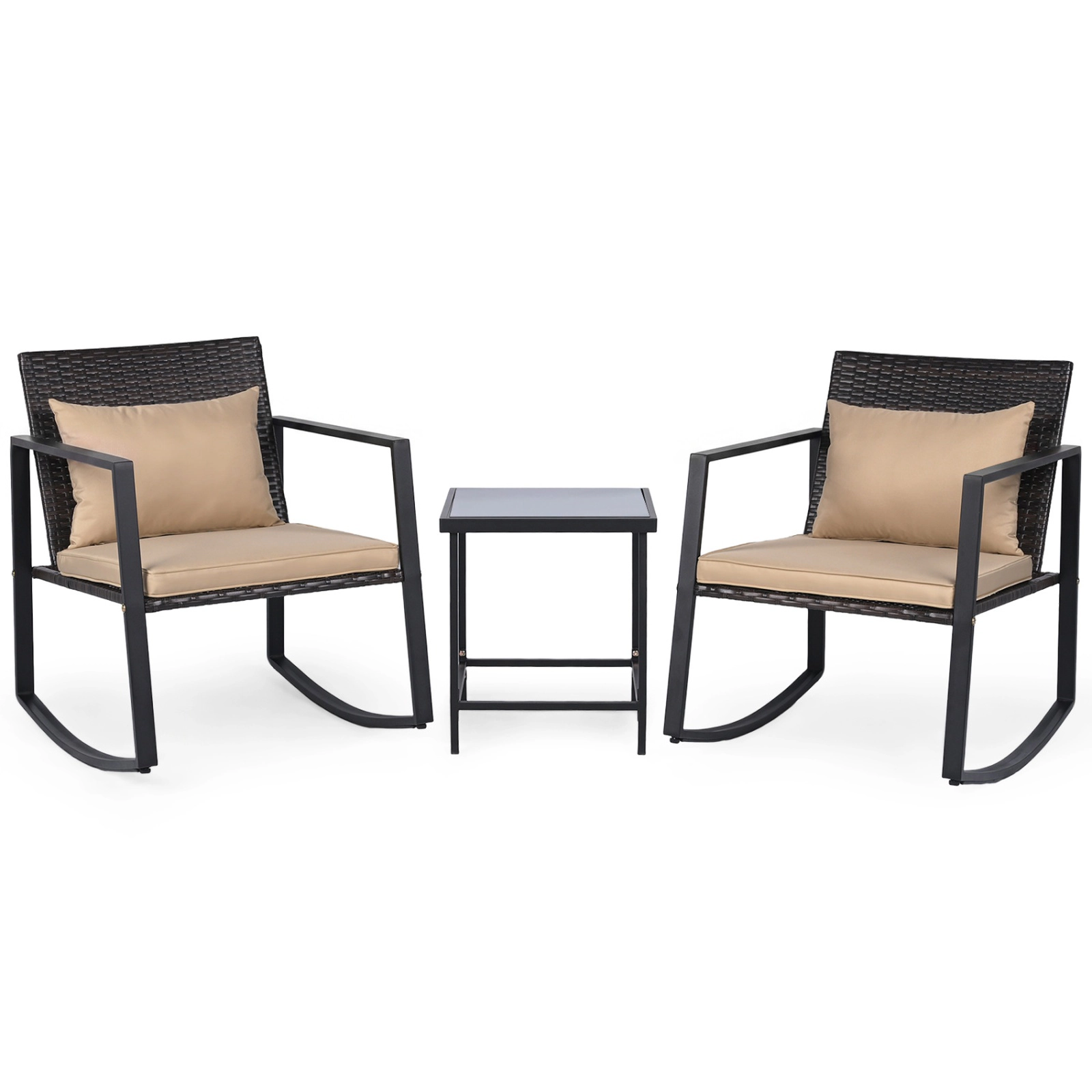 SUGIFT 3-Piece Black Outdoor Rocking Bistro Set with Cushioned Chairs and Glass Table