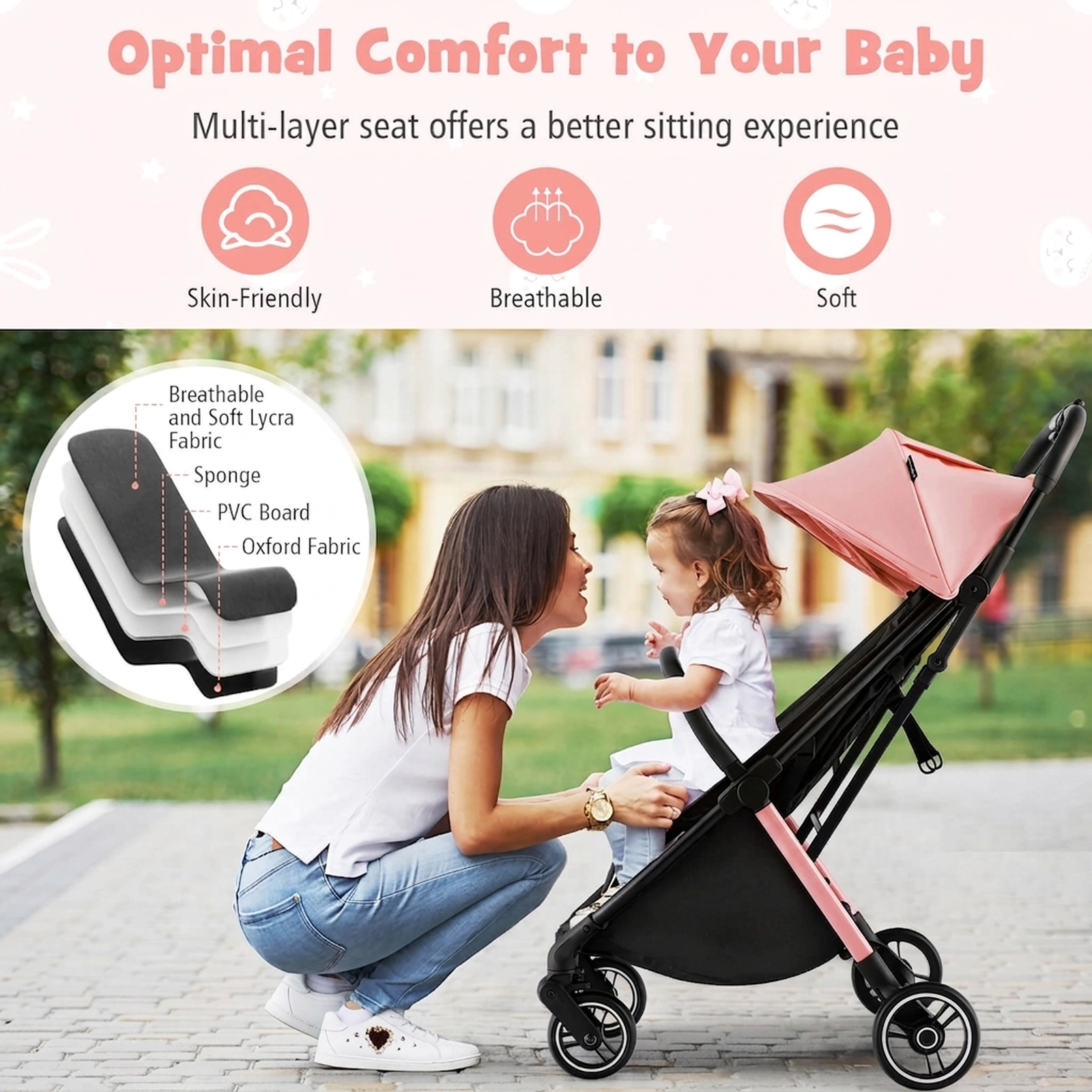 SUGIFT Baby Pink Lightweight Aluminum Stroller with One-Hand Fold 36.5-in W 20-in D 40.5-in H 33-lb Seat Capacity