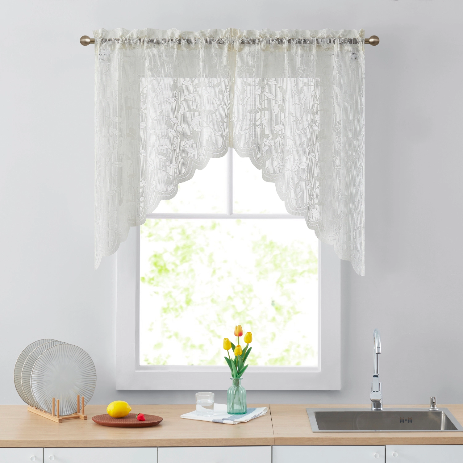 HLC.ME Joyce Semi Sheer Kitchen Swag Curtain Panels - Rod Pocket for Small Windows, & Bathroom Set of 2