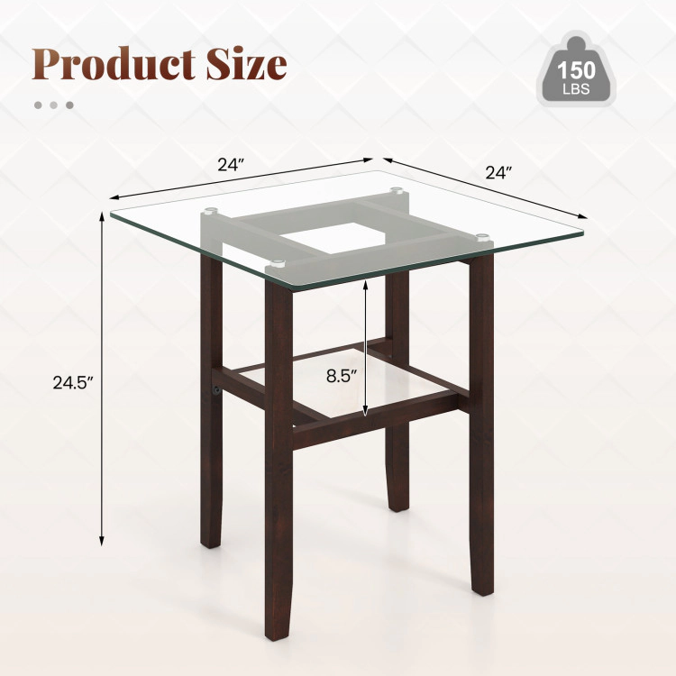 Hivvago 24-Inch Square Glass Coffee Table with Double Layers and Built-In Storage Shelf