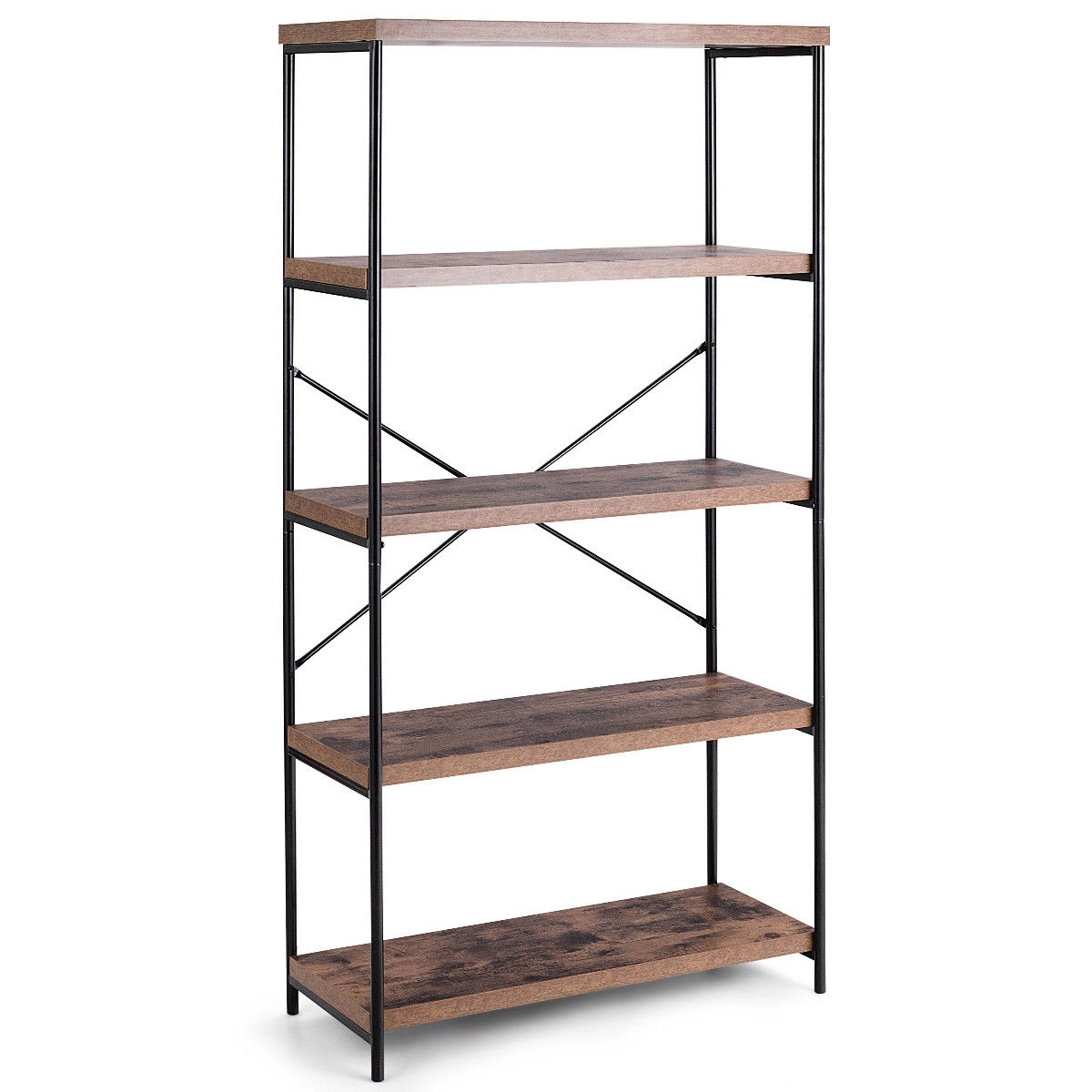 SUGIFT 5-Tier Industrial Bookshelf 63.5 with Back X-Brace Steel Frame