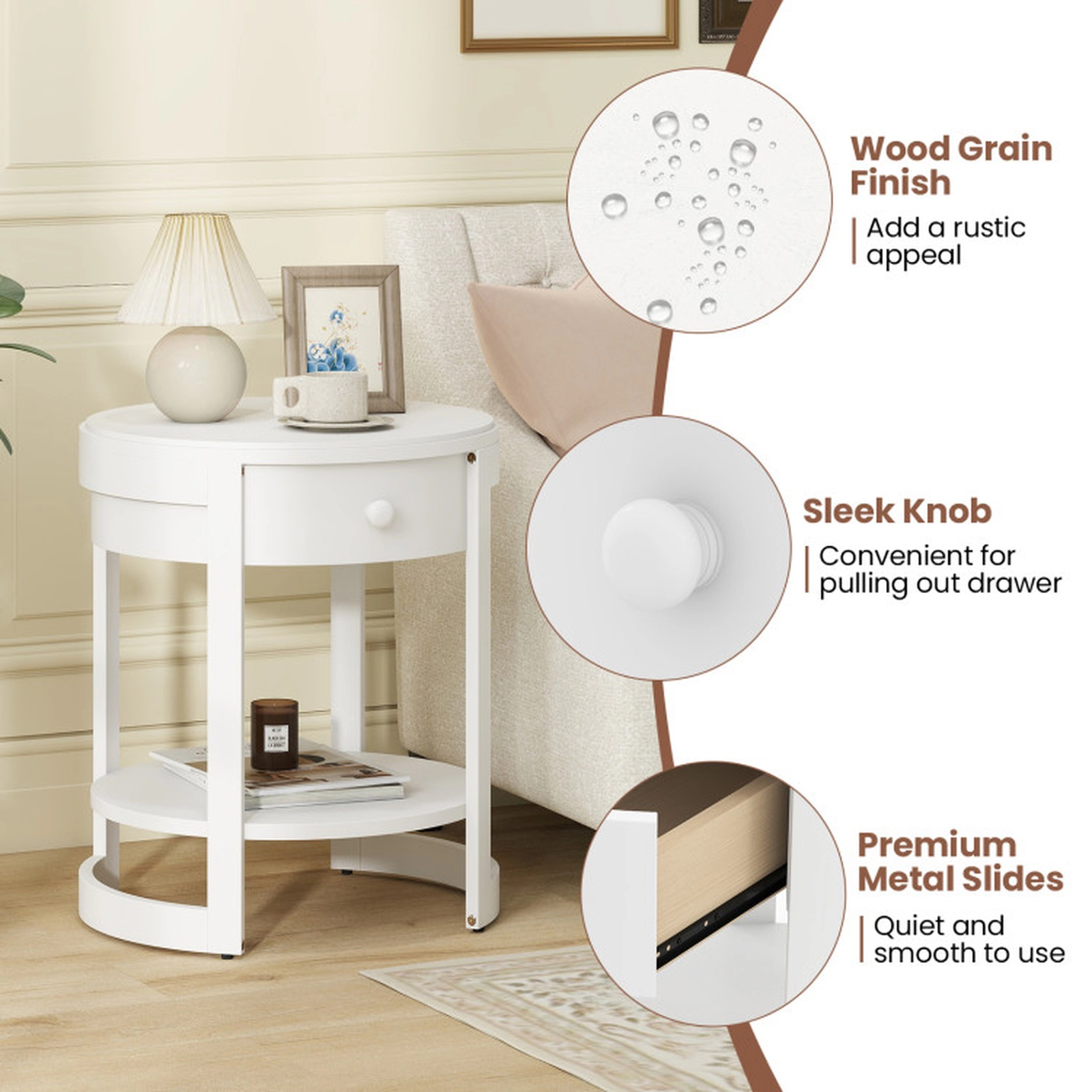 SUGIFT 2-Tier Round Drawer Open Shelf Modern Nightstand End Table 19.5-in x 19.5-in x 24-in 190-lb Capacity White