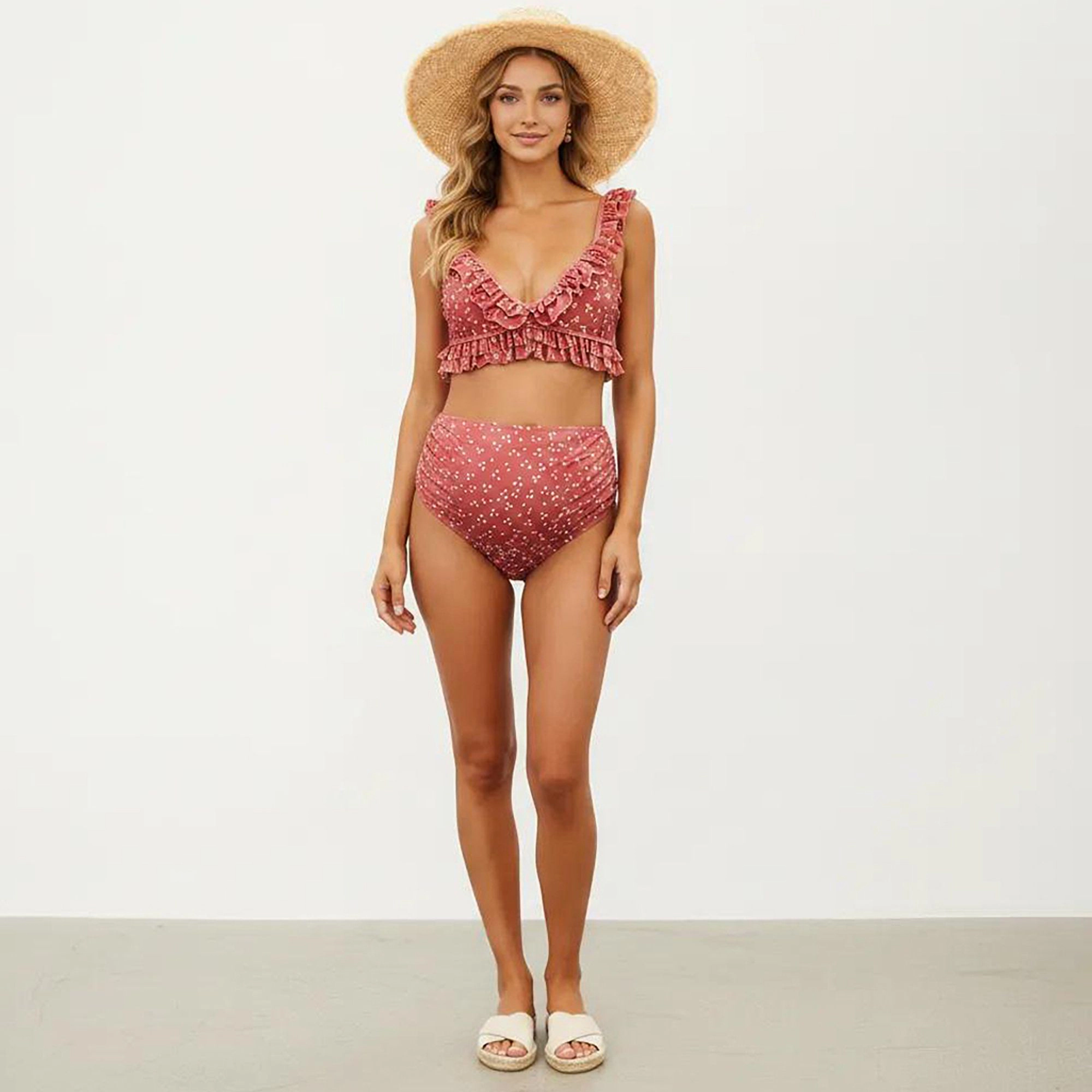 Anna-Kaci Women's Ruffled Maternity Bikini Set with High-Waisted Bottoms and Polka Dot Print