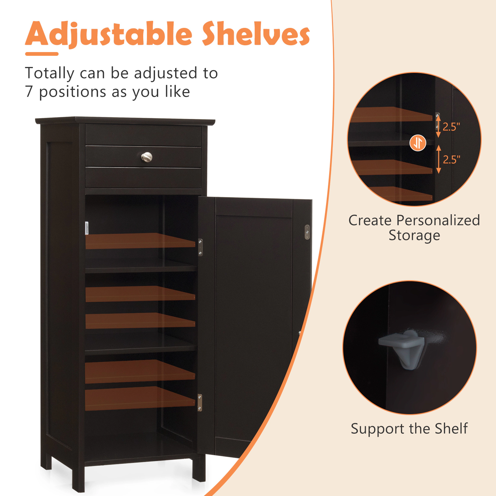 SUGIFT Wooden Storage Free-Standing Floor Cabinet with Drawer and Adjustable Shelves 132-lb Capacity Brown