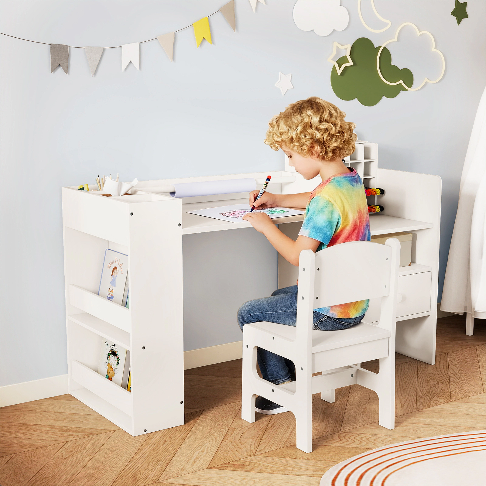 SUGIFT White Toddler Desk and Chair Set, 42.5-in Learning Station with Paper Roll, Cubby and Shelves