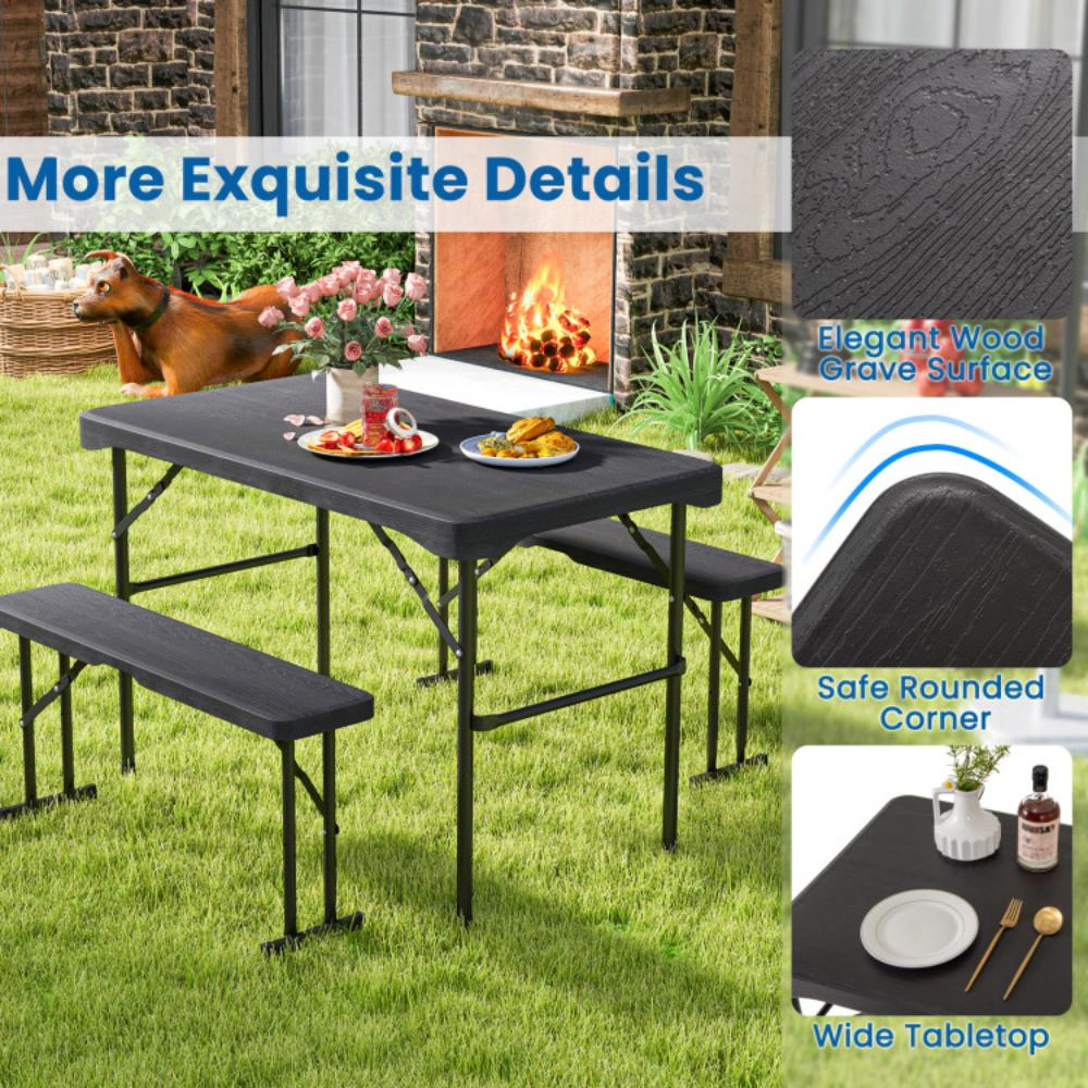 Hivvago Outdoor Folding Table Bench Set W All-Weather Hdpe Tabletop And Sturdy Metal Frame-Black