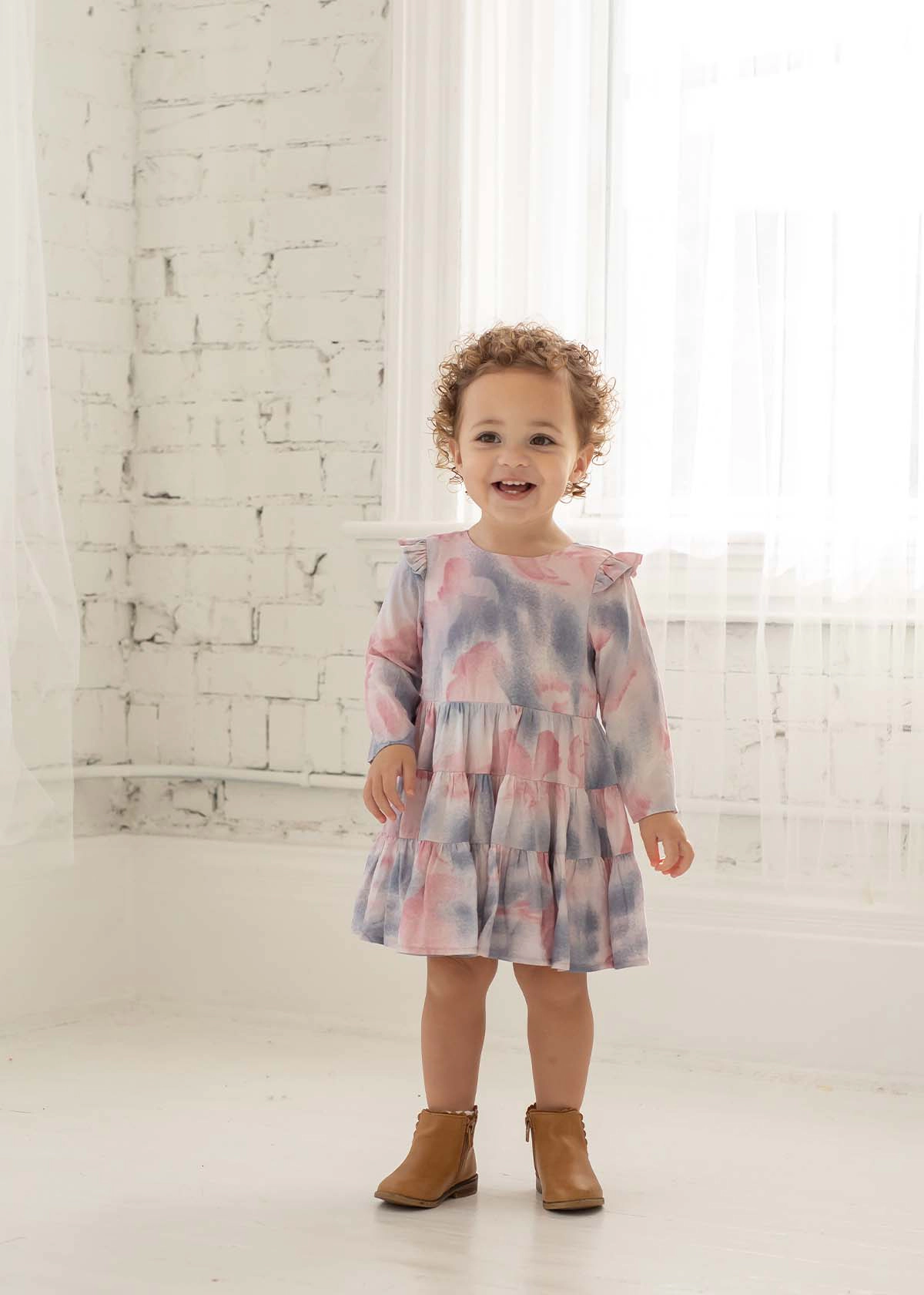 Mabel and Honey Girls Rayon Long-Sleeve Tiered Dress - Watercolor Tie-Dye