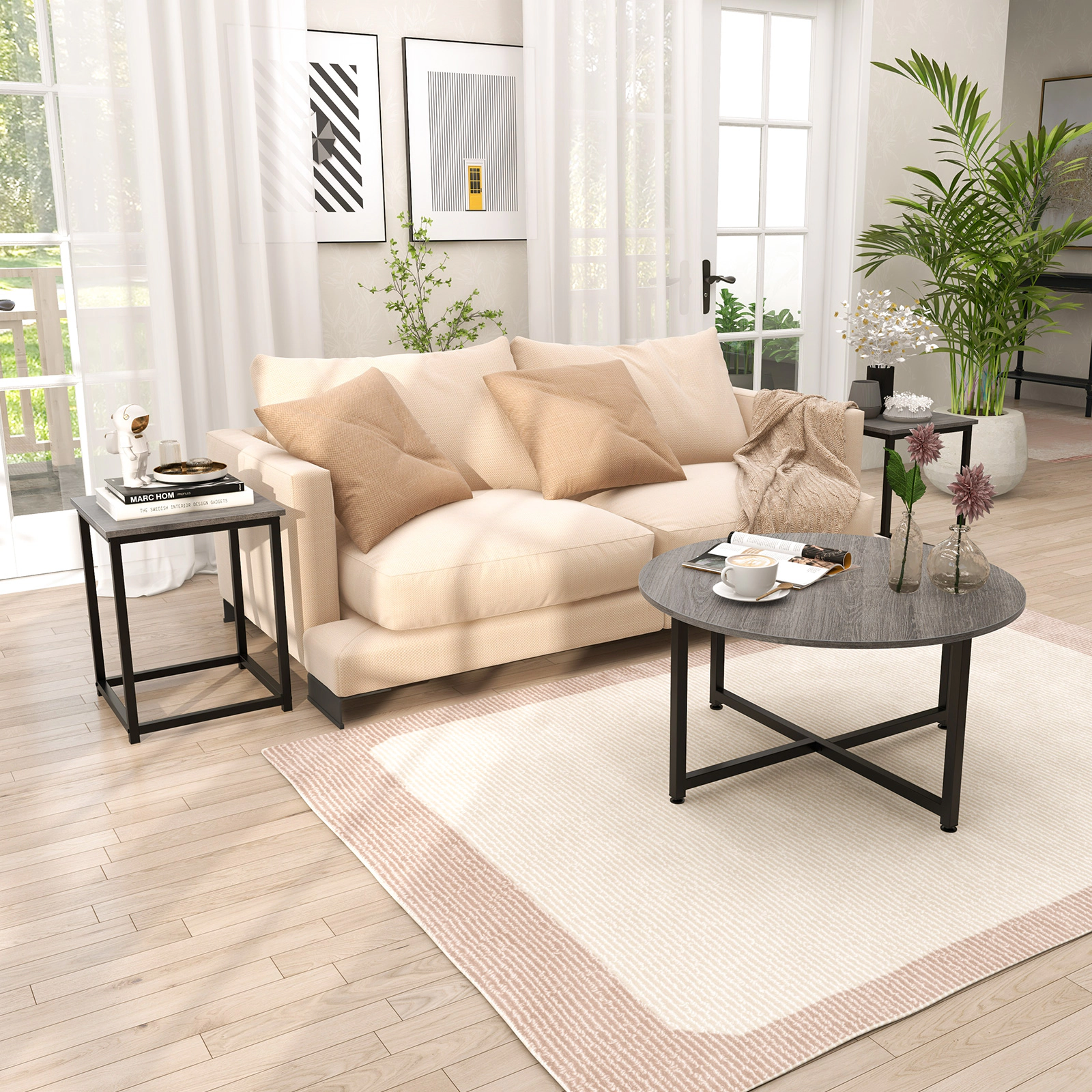 SUGIFT 3-Piece Coffee Table and End Tables Set 220-lb Coffee Table Capacity 110-lb End Tables Capacity Gray and Black