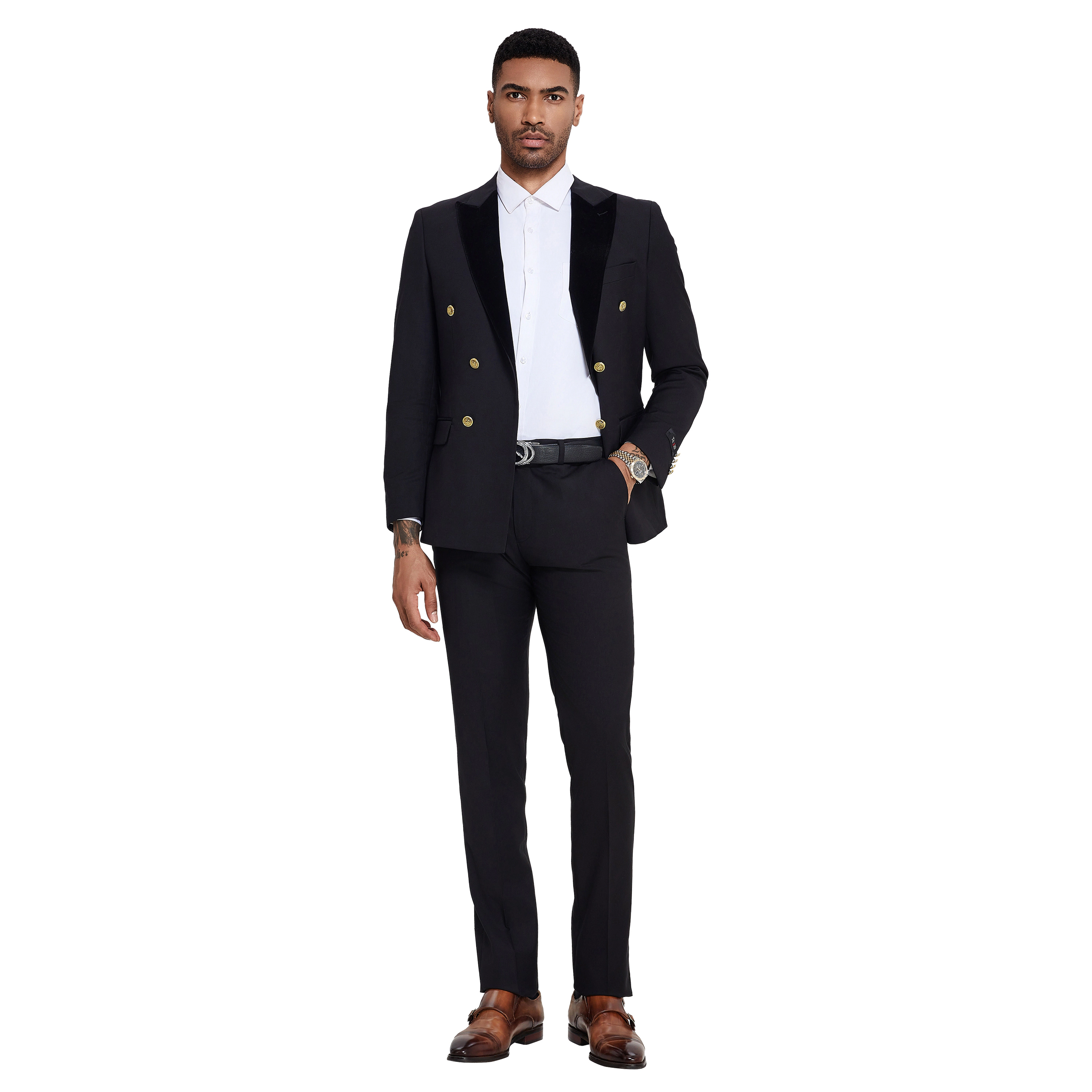 Tazzio Mens Skinny Fit Velvet 2 Piece Suit Set, Peak Lapel
