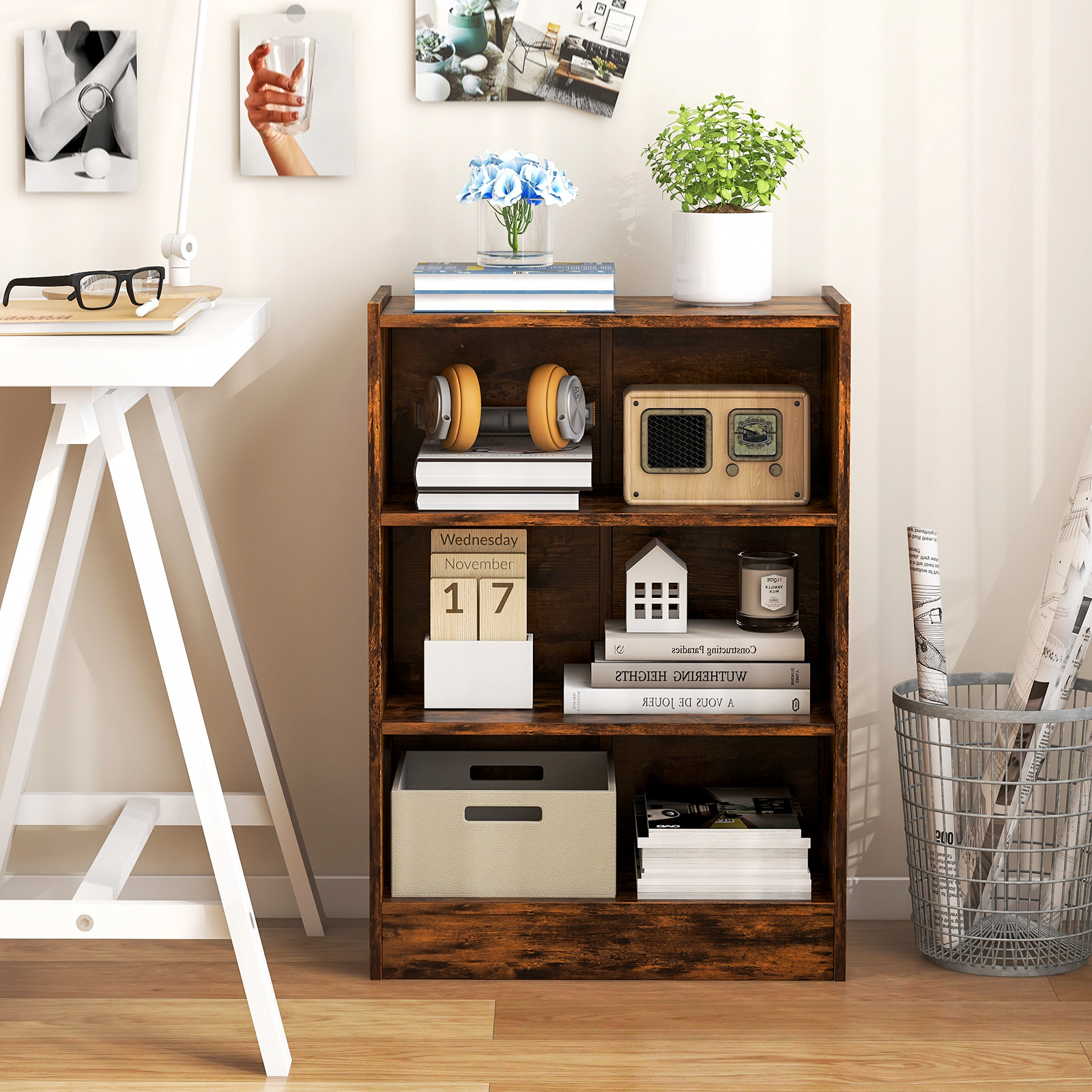 SUGIFT 3-Tier Rustic Brown 29.5-in Small Bookshelf with 18-Position Adjustable Shelves and Raised Top