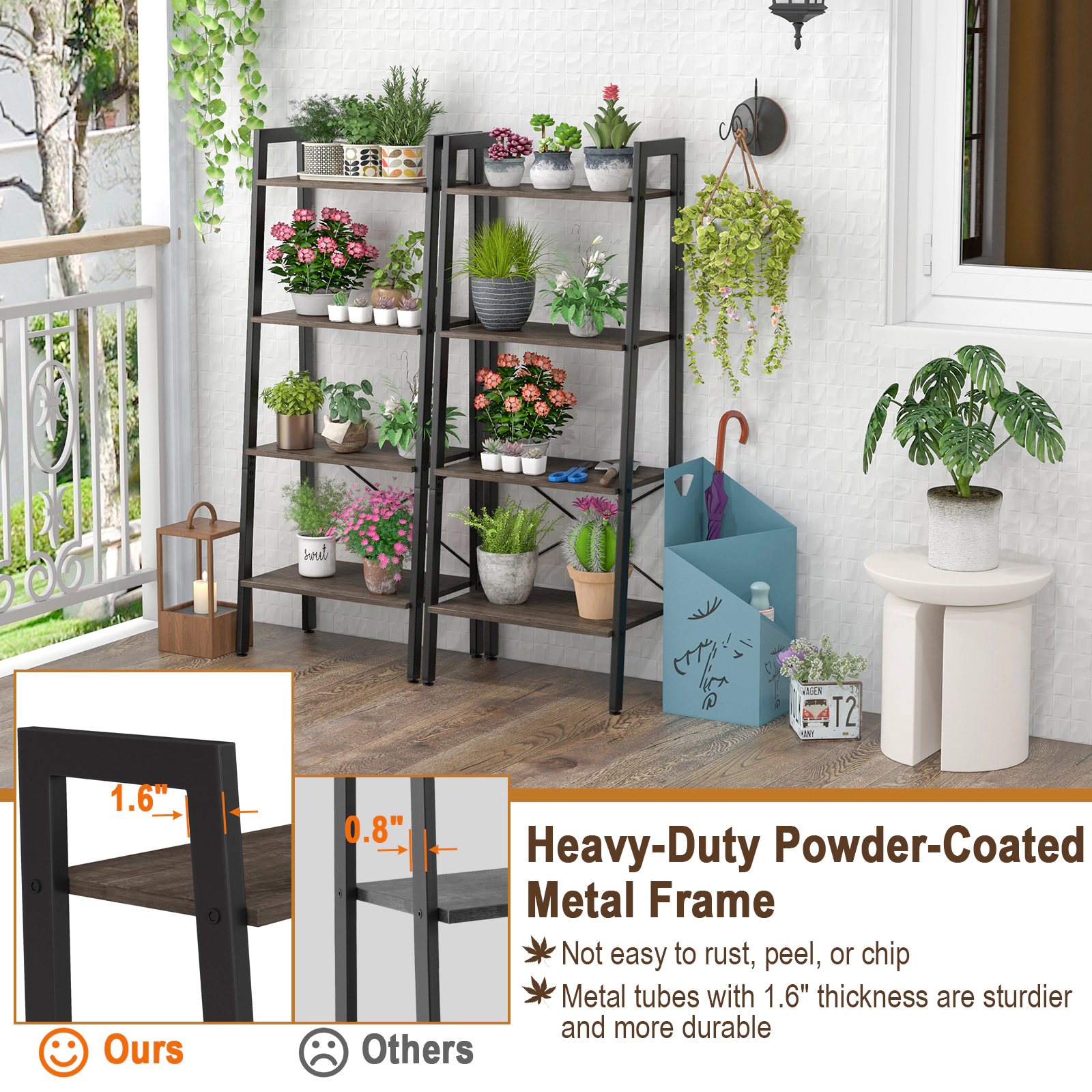 SUGIFT 4-Tier 200-lb Capacity 54.5-in Oak Industrial Bookshelf with Metal Frame and Adjustable Foot Pads