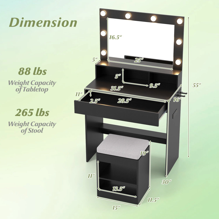 Hivvago Vanity Table Set With Lighted Mirror And Cushioned Stool