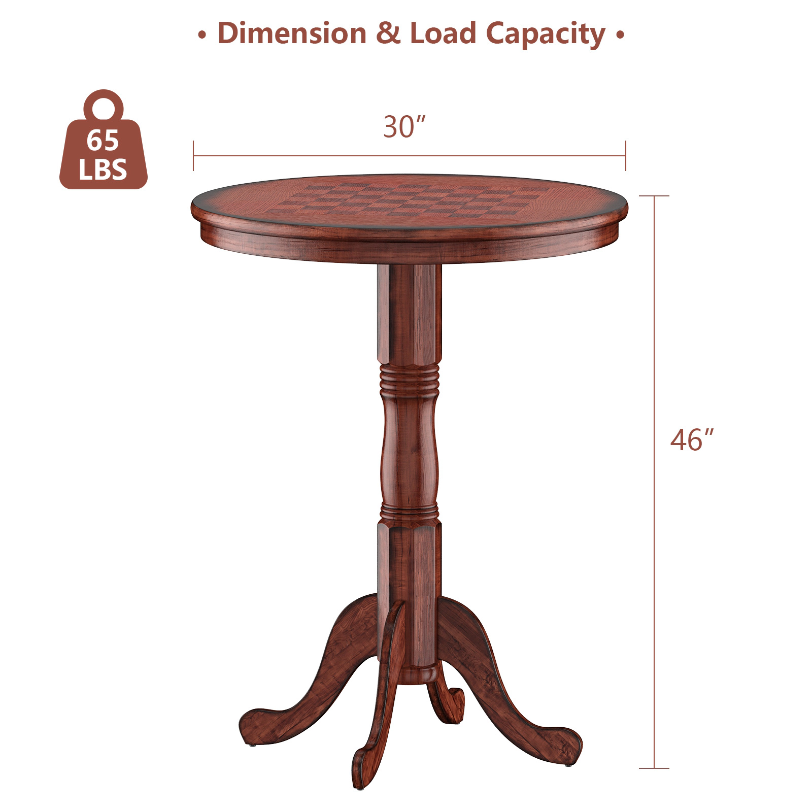 SUGIFT 42-in Round Wooden Pub Pedestal Side Table with Chessboard Top 220-lb Capacity As the Picture Shows Color