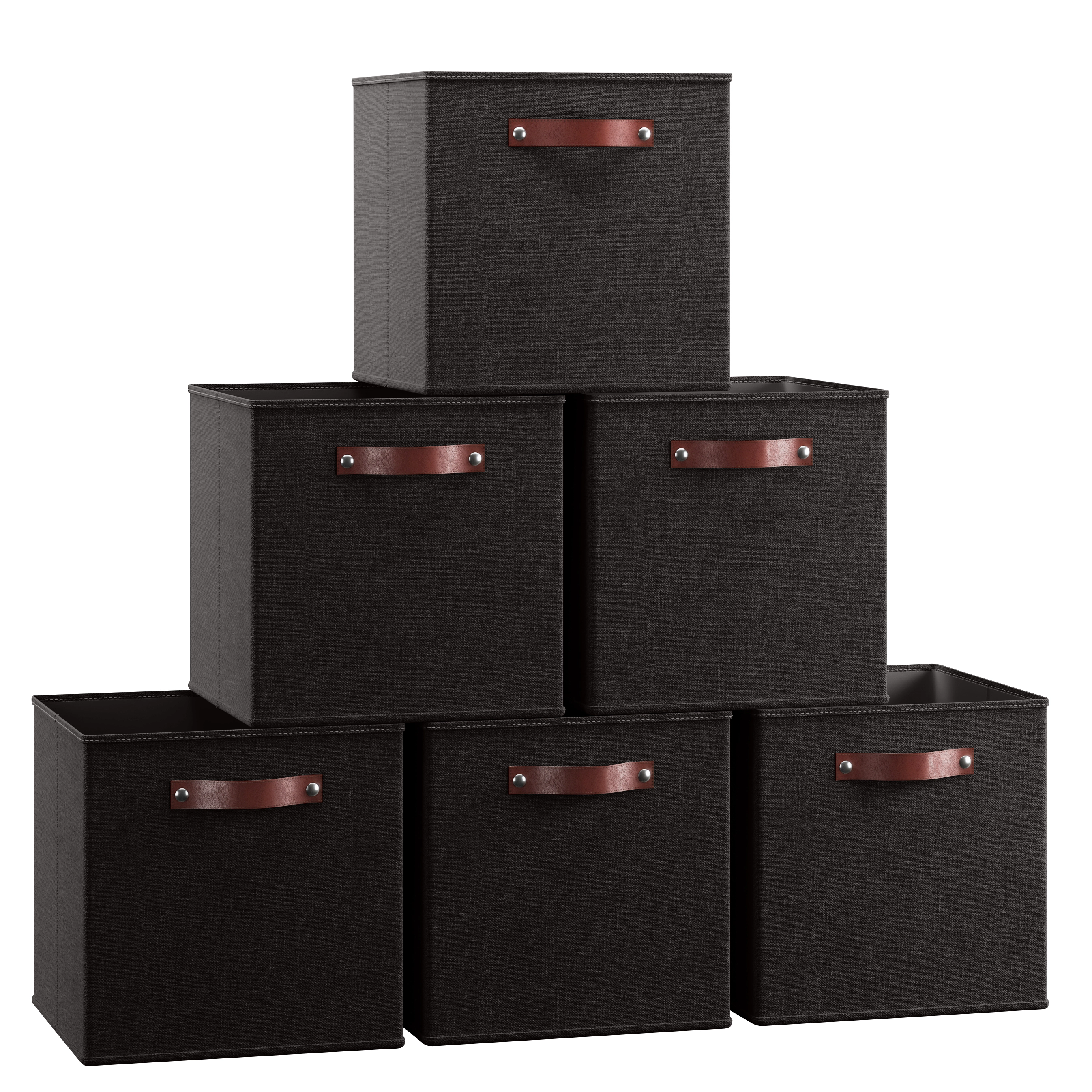 Ornavo Home 6 Pack Collapsible Linen Storage Cube Bin with Leather Handles - 11 Inch