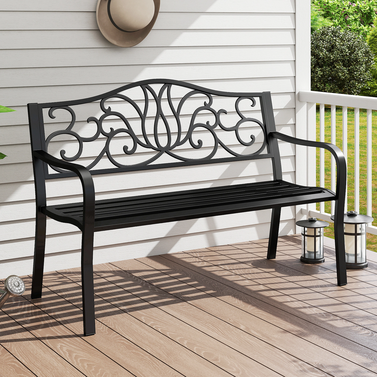 LJG 50 Inches Outdoor Garden Bench with Floral Design Backrest and Slatted Seat