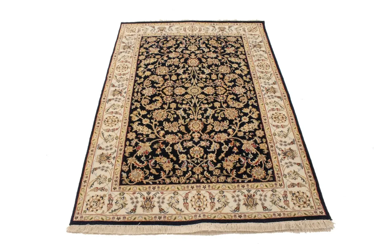 Magic Rugs 4'1 X 6'0 Floral Dark Navy Hand Knotted Indo-Nain Wool Rug