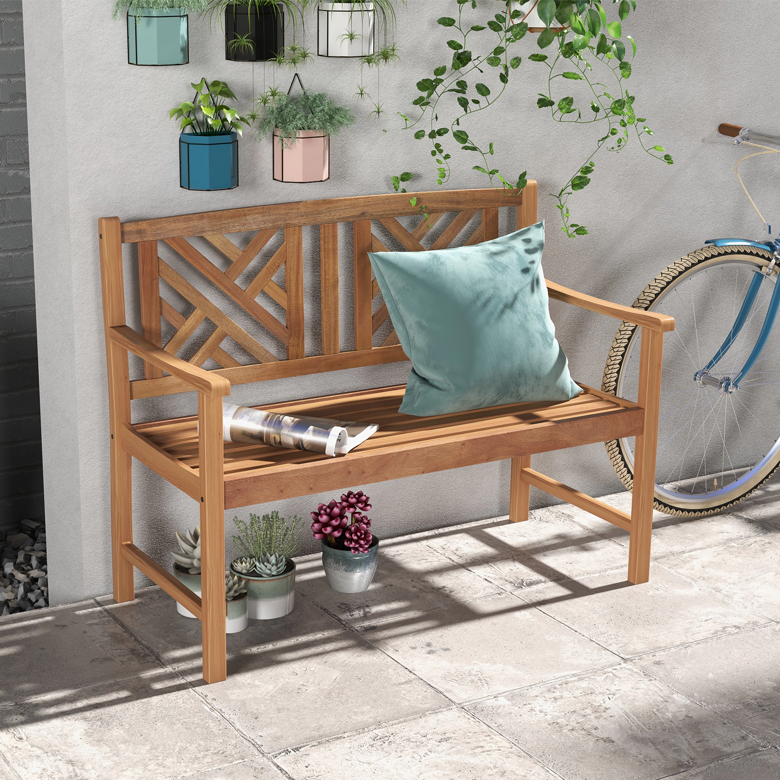 SUGIFT Lattice Backrest and Curved Armrests 2-Person 47.5 Inch Outdoor Acacia Wood Bench