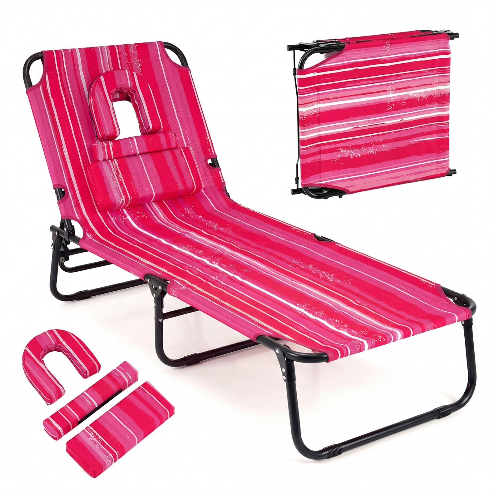 SUGIFT Folding Face Down Tanning Chair Face Hole & 3 Removable Pillows 330-lb Capacity Adjustable Backrest Pink Stripe