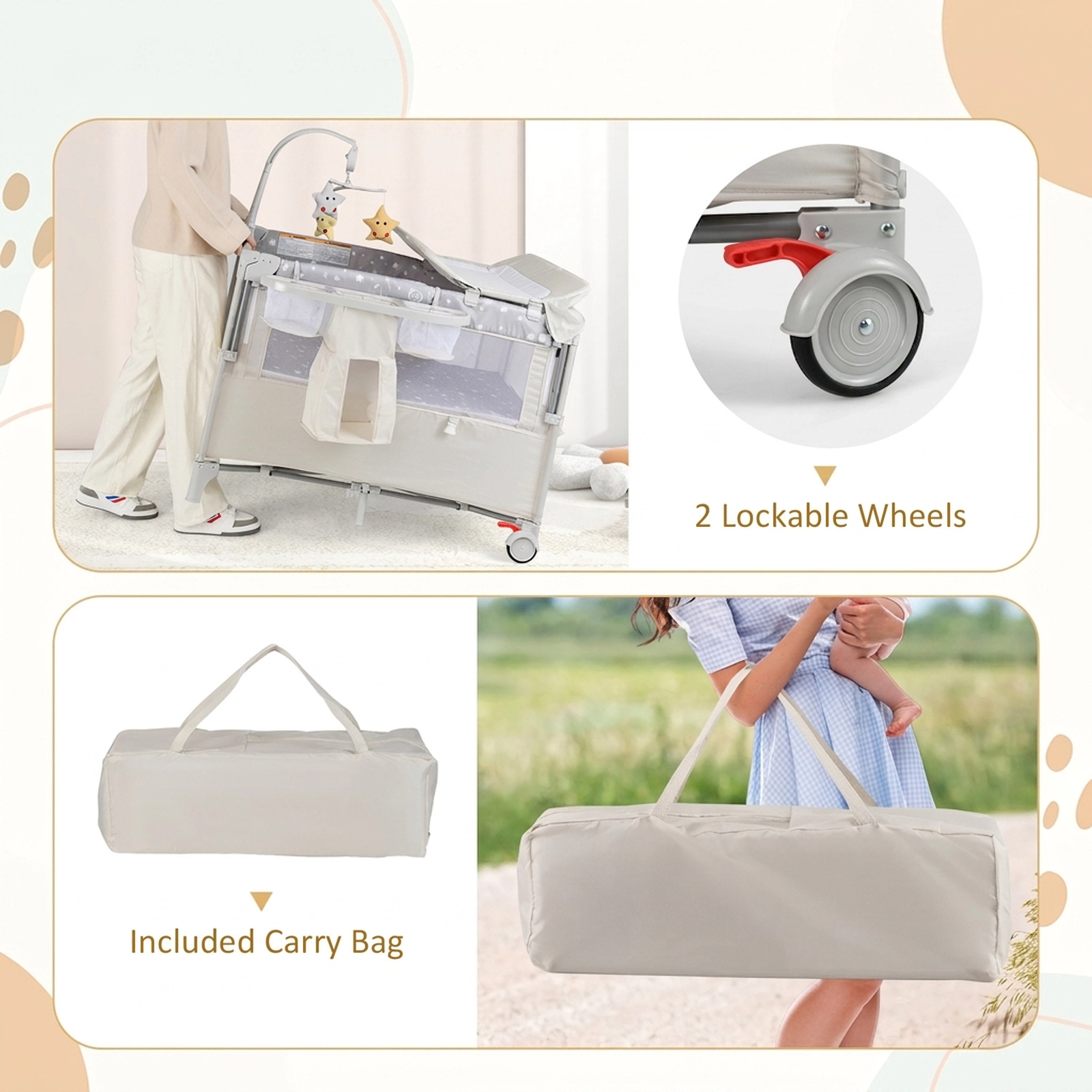 SUGIFT 5-in-1 Pack and Play Baby Bedside Sleeper with Diaper Changing Table Music Box and Storage Shelf Beige