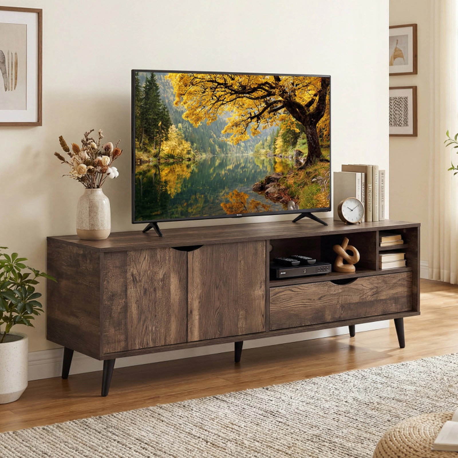 SUGIFT TV Stand for TVs up to 65 Inches Rustic Entertainment Center 285-lb Tabletop Capacity 59-in Wide Brown