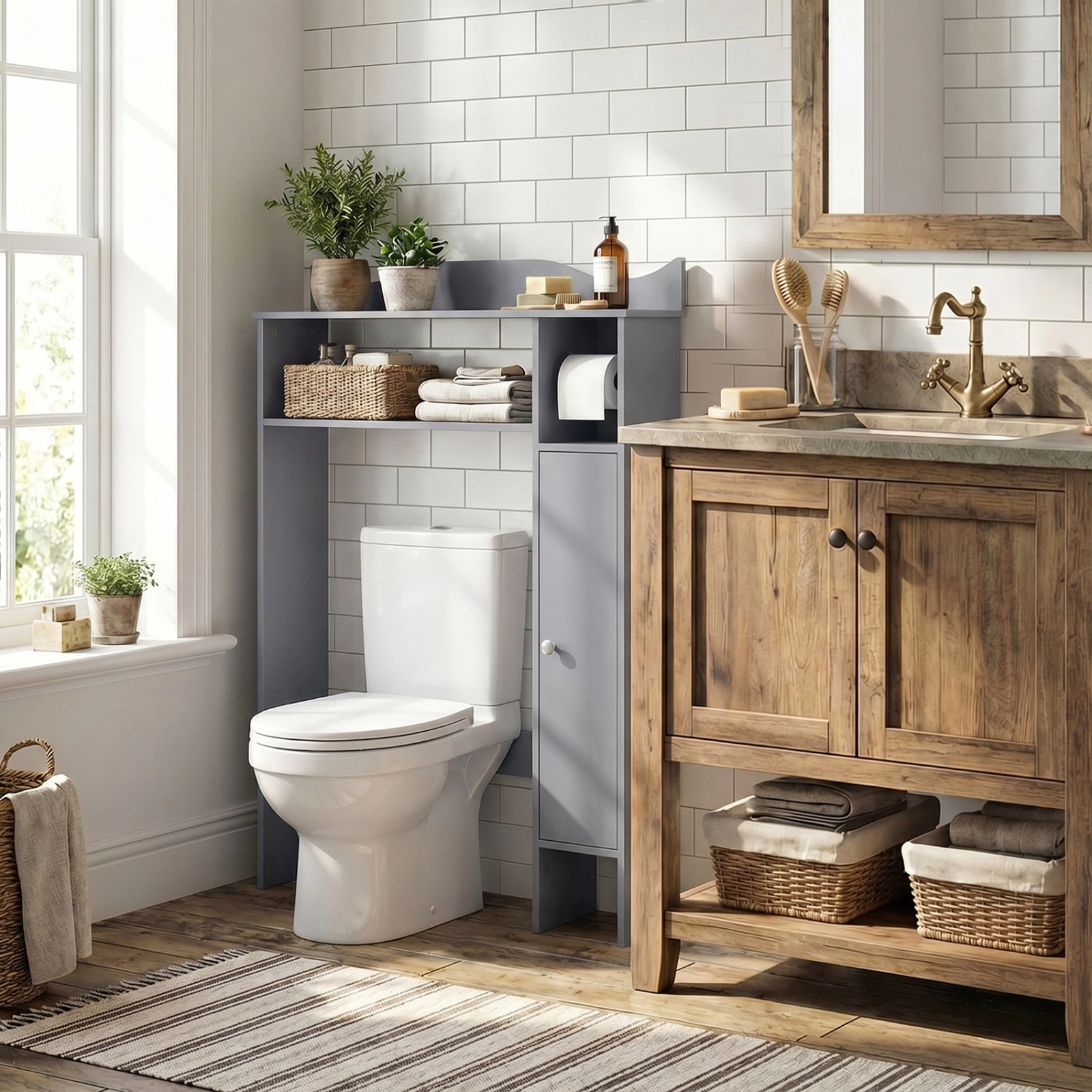 SUGIFT Gray 43.5-in Over the Toilet Storage Cabinet with Built-In Toilet Paper Holder and Removable Shelves